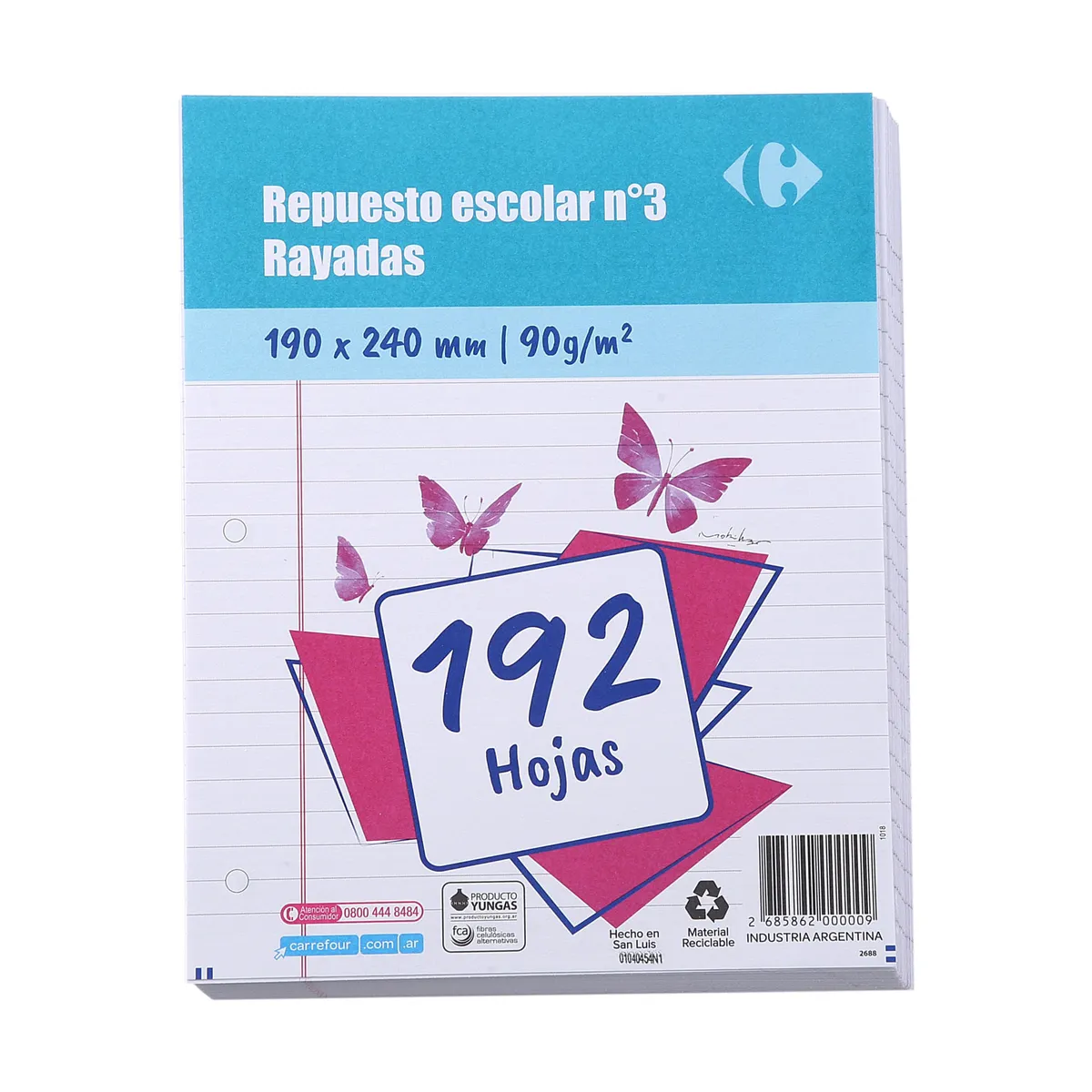 Repuesto escolar Carrefour N3 rayado 192 hojas