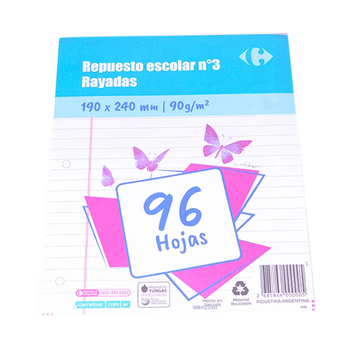 Repuesto escolar Carrefour N3 rayado 96 hojas