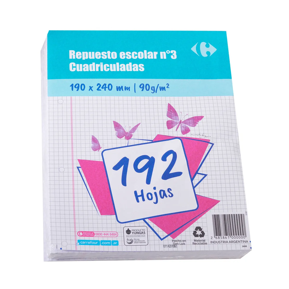 Repuesto escolar Carrefour N3 cuadriculado 192 hojas