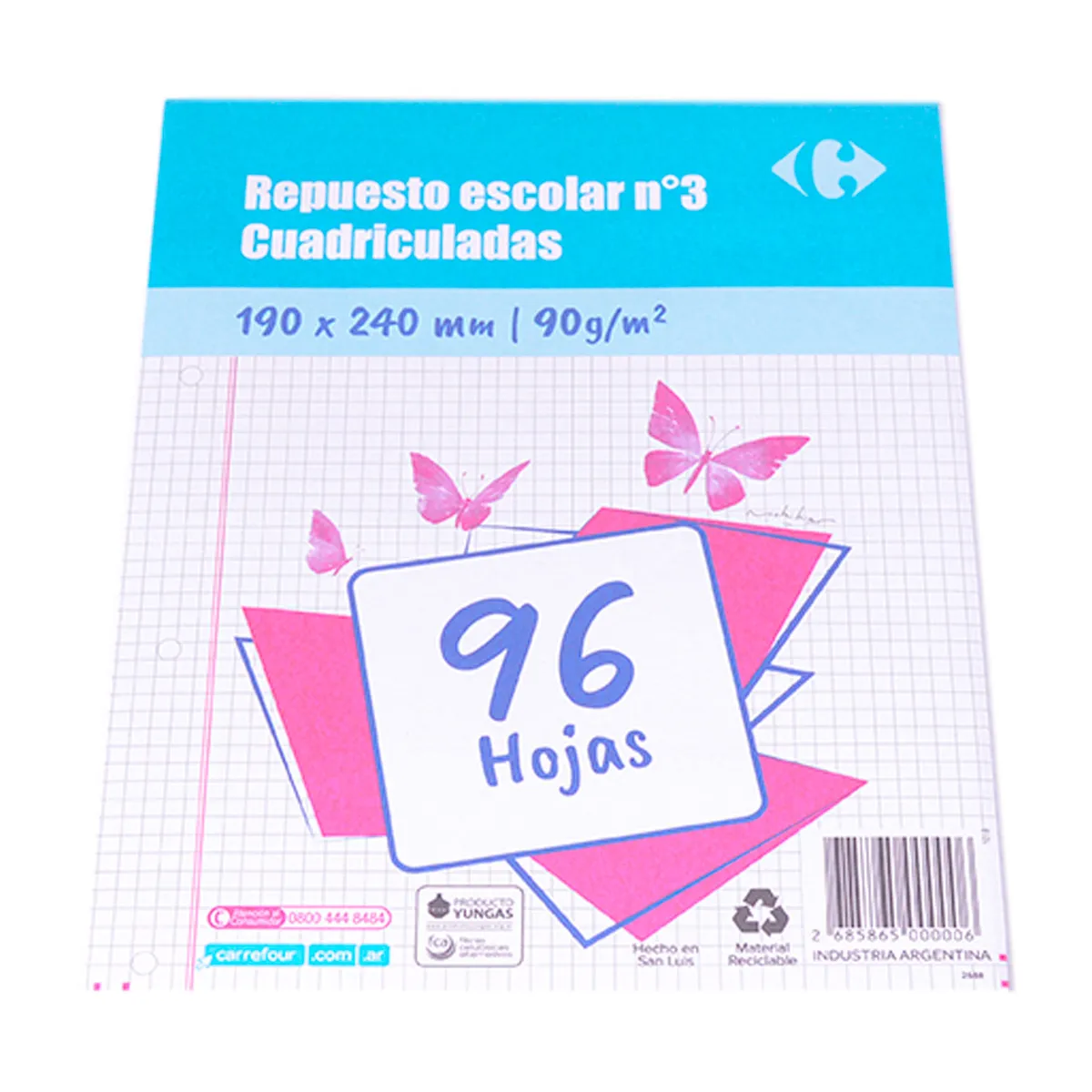 Repuesto escolar Carrefour N3 cuadriculado 96 hojas