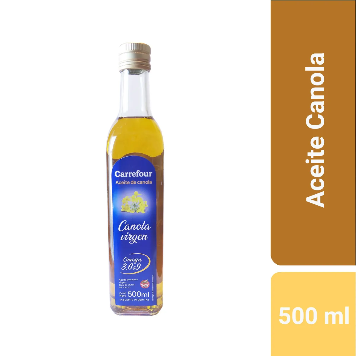 Aceite de canola Carrefour sin gluten botella 500 cc.