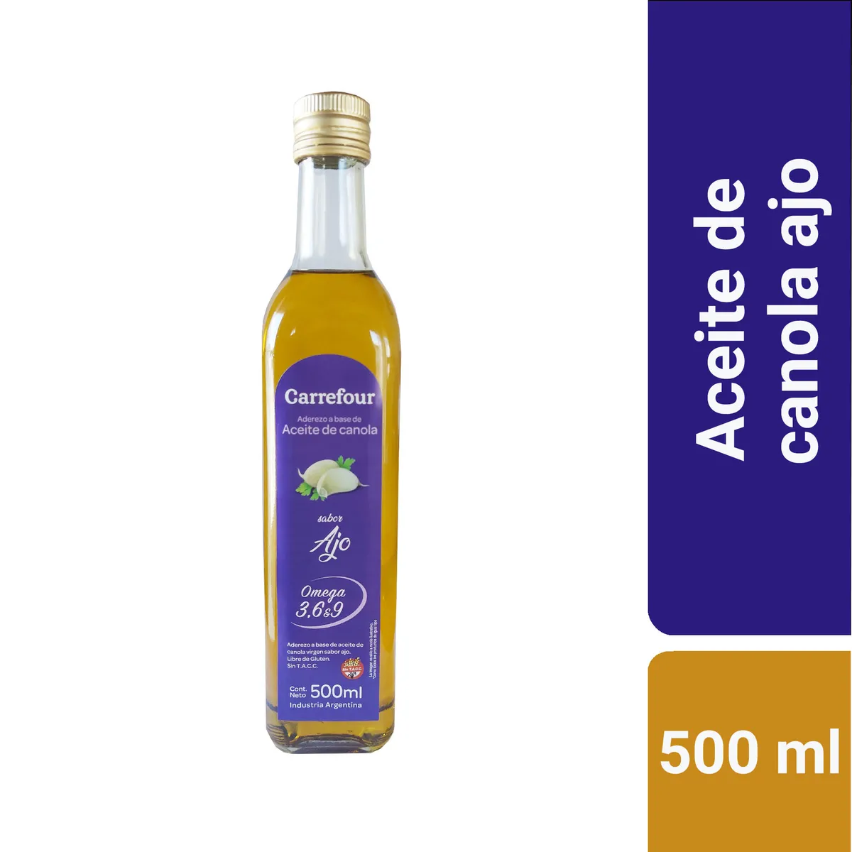 Aceite de canola Carrefour ajo sin gluten botella 500 cc.