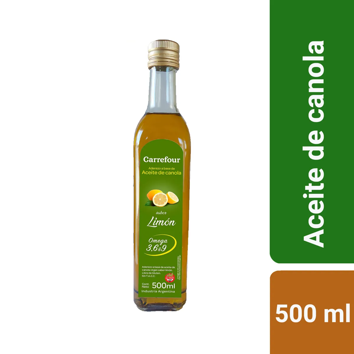 Aceite de canola limón Carrefour sin gluten botella 500 cc.