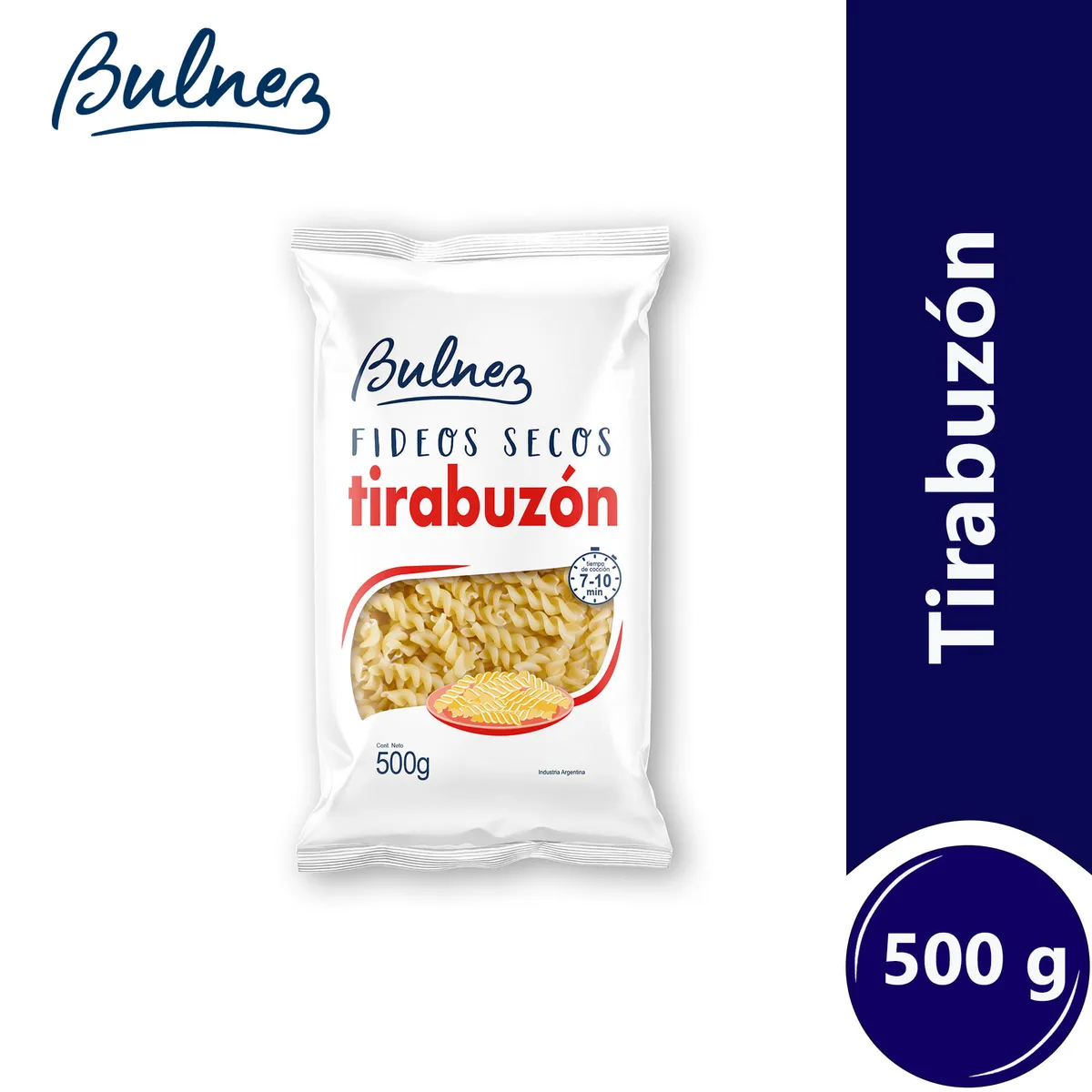Fideo tirabuzones Bulnez en paquete 500 g.