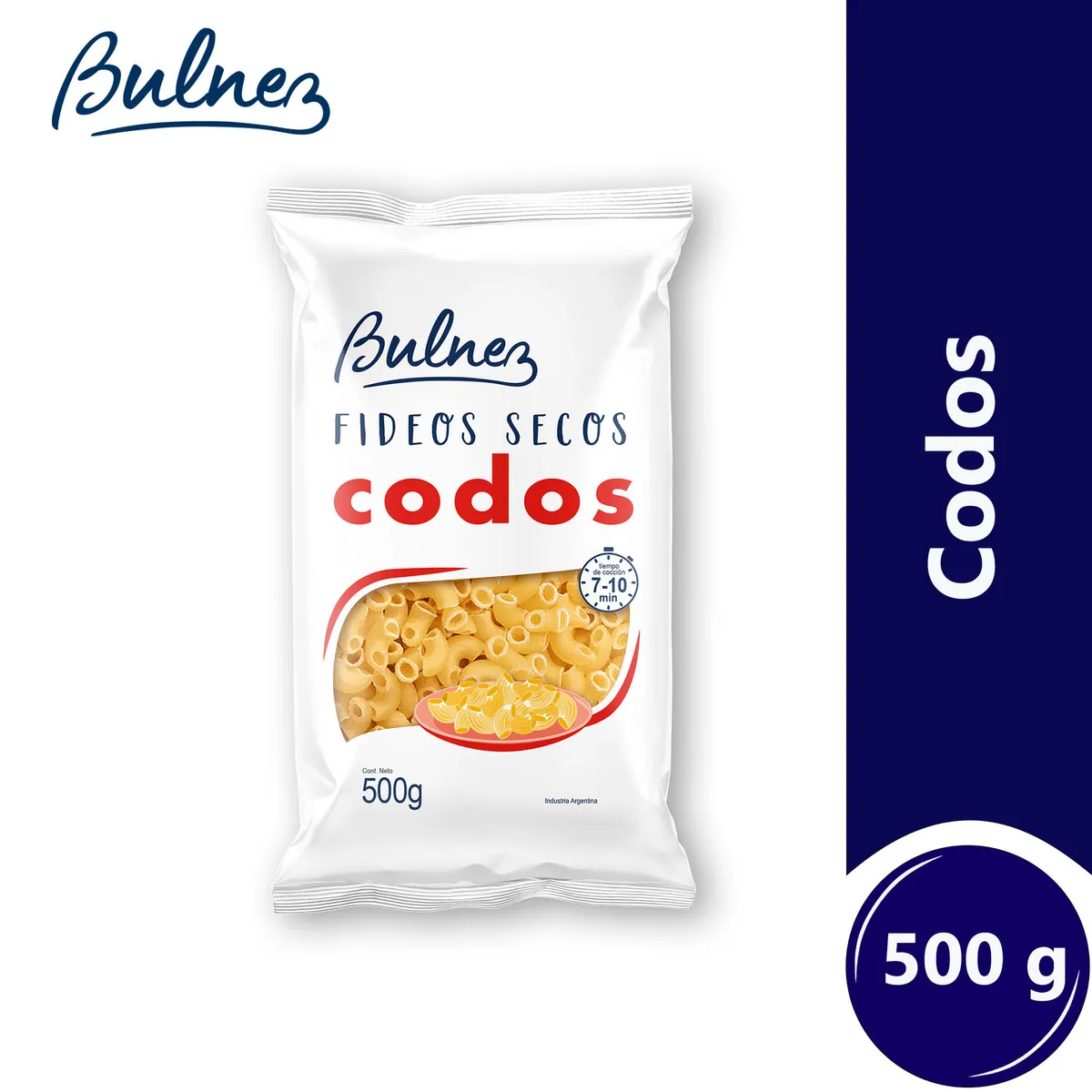 Fideos codos Bulnez en paquete 500 g.