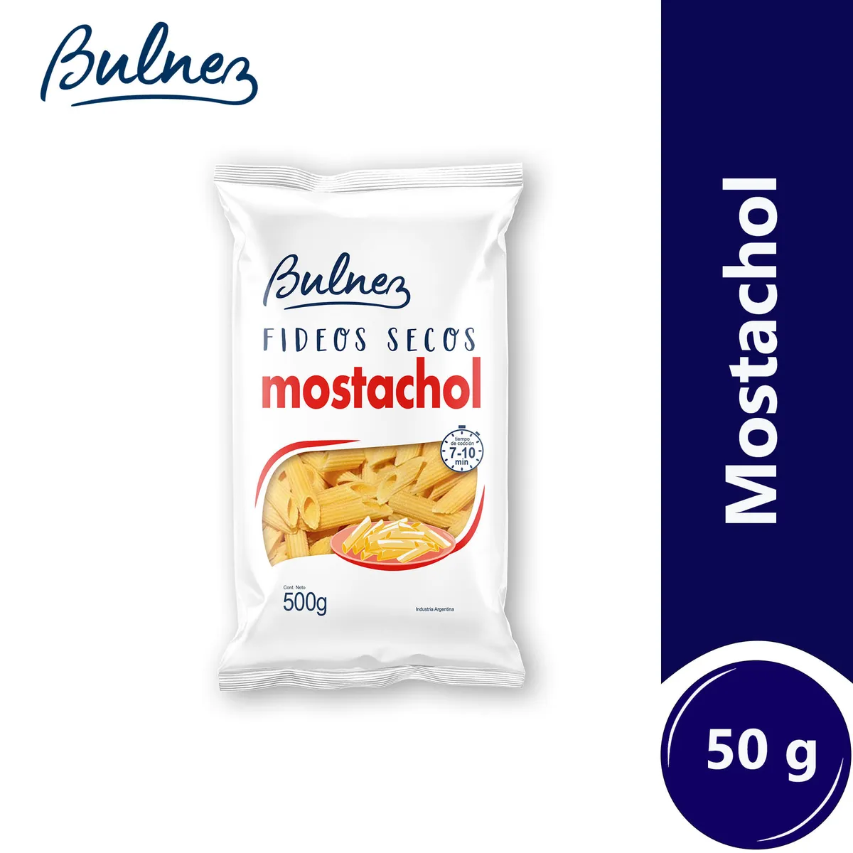 Fideos mostachol Bulnez en paquete 500 g.