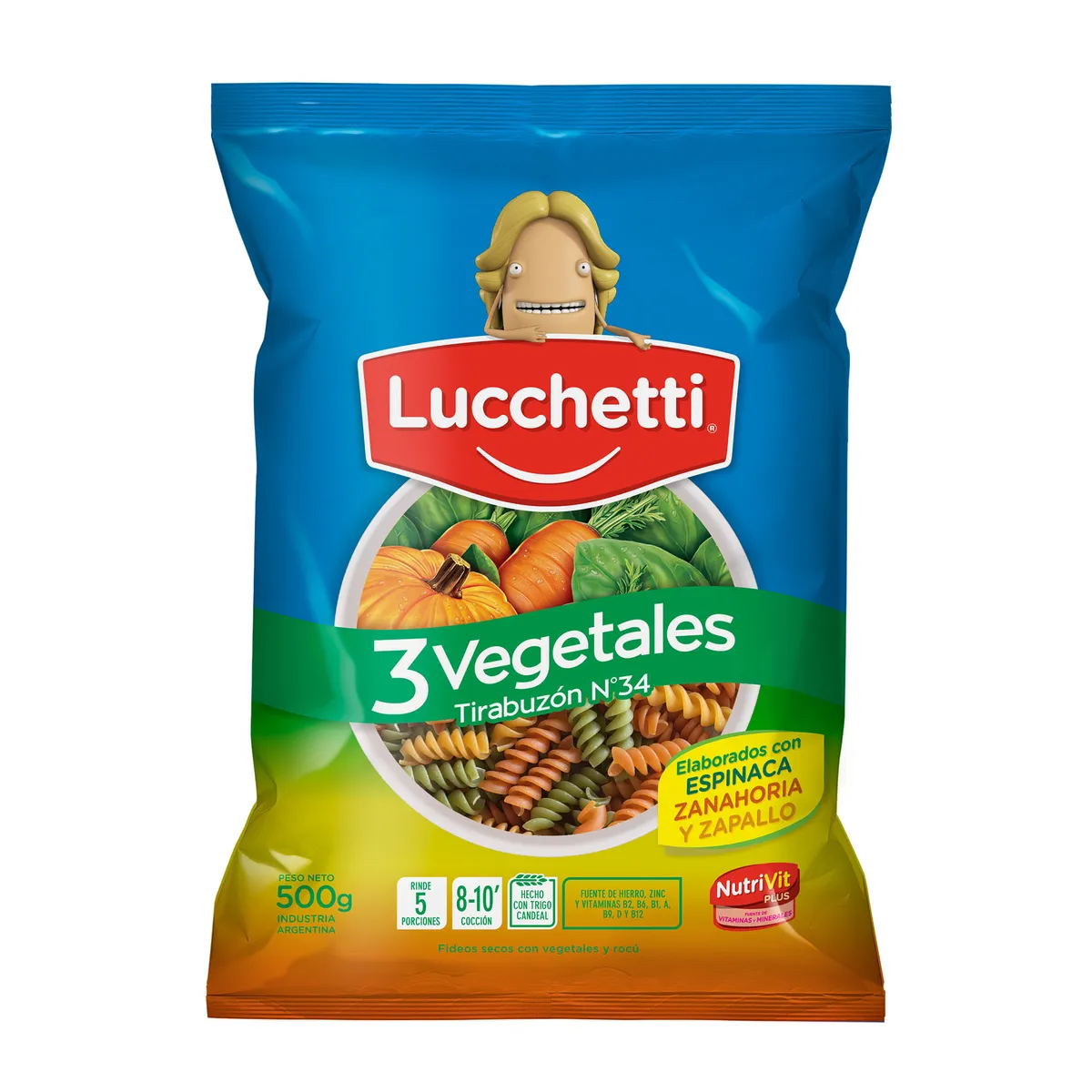 Fideos guiseros tirabuzon Lucchetti 3 vegetales 500 g.