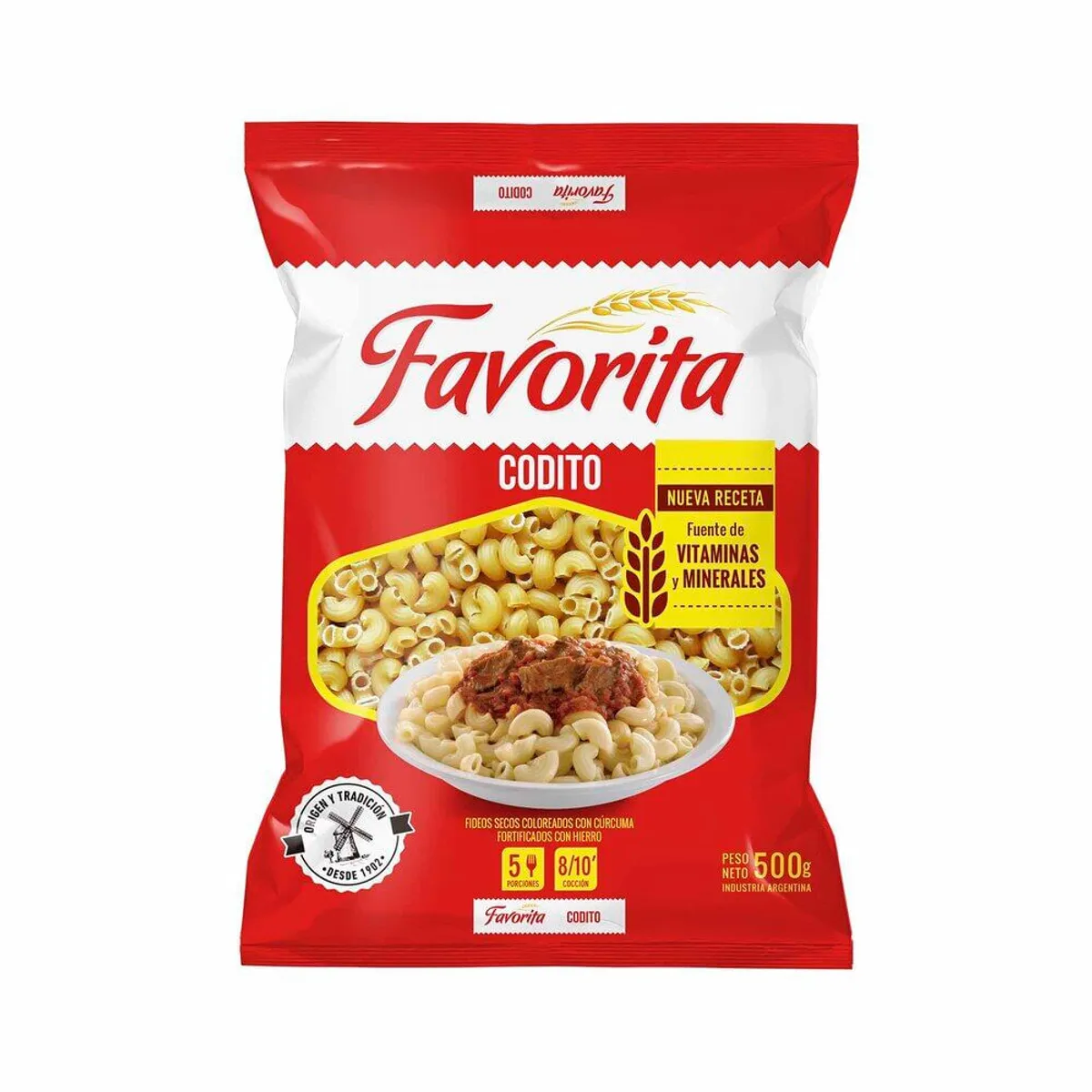 Fideos coditos rayados Favorita fortificado 500 g.