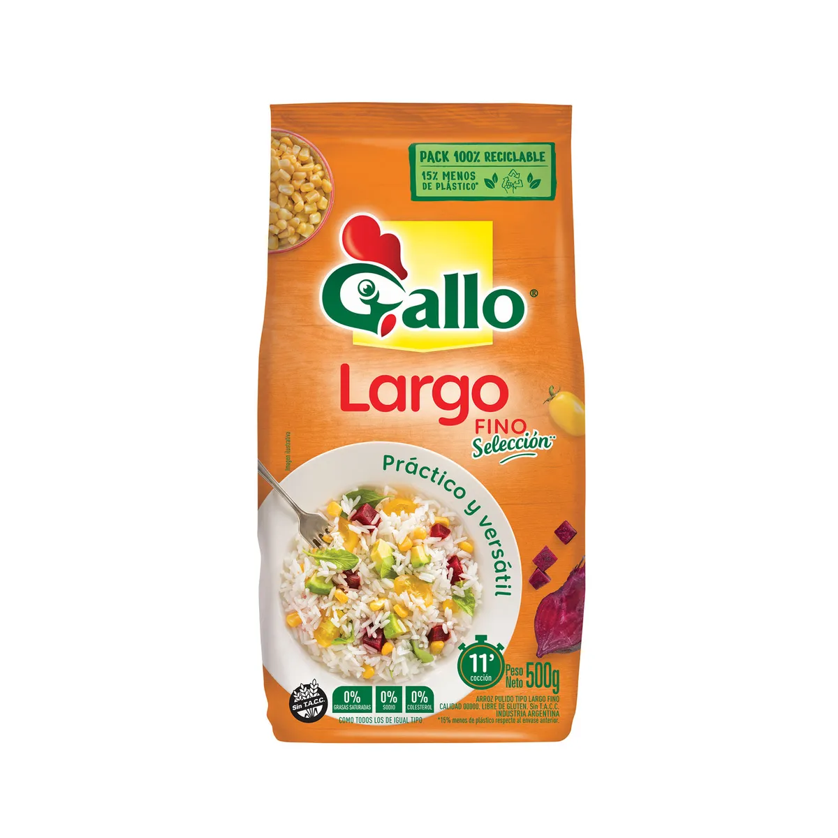 Arroz largo fino 00000 Gallo en bolsa 500 g.