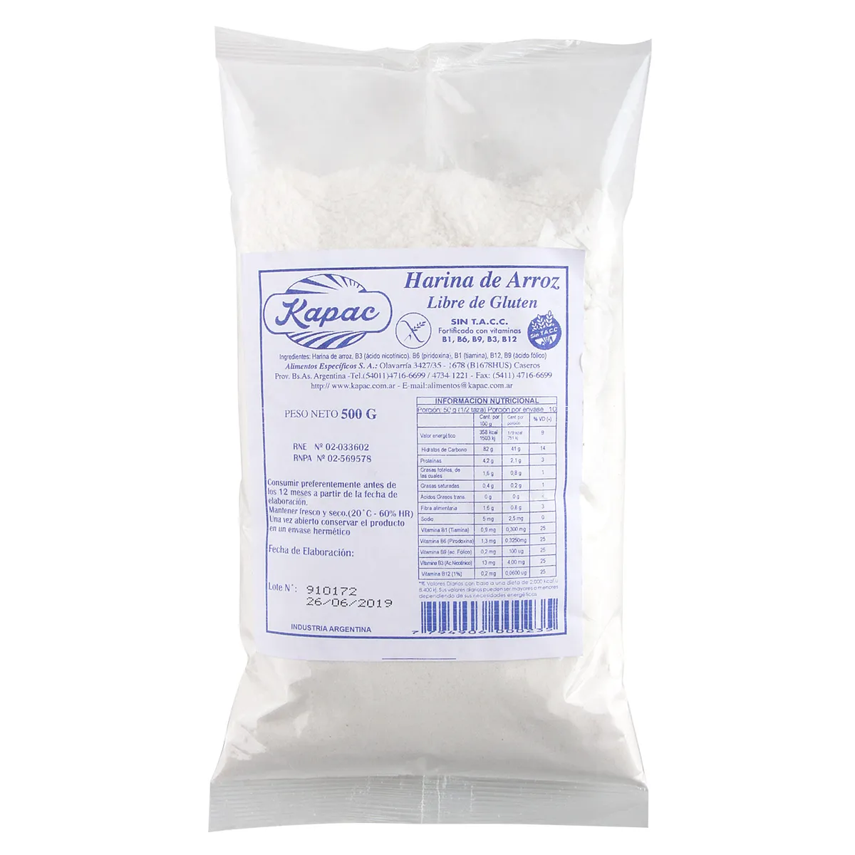 Harina de arroz Kapac sin TACC bolsa 500 g.