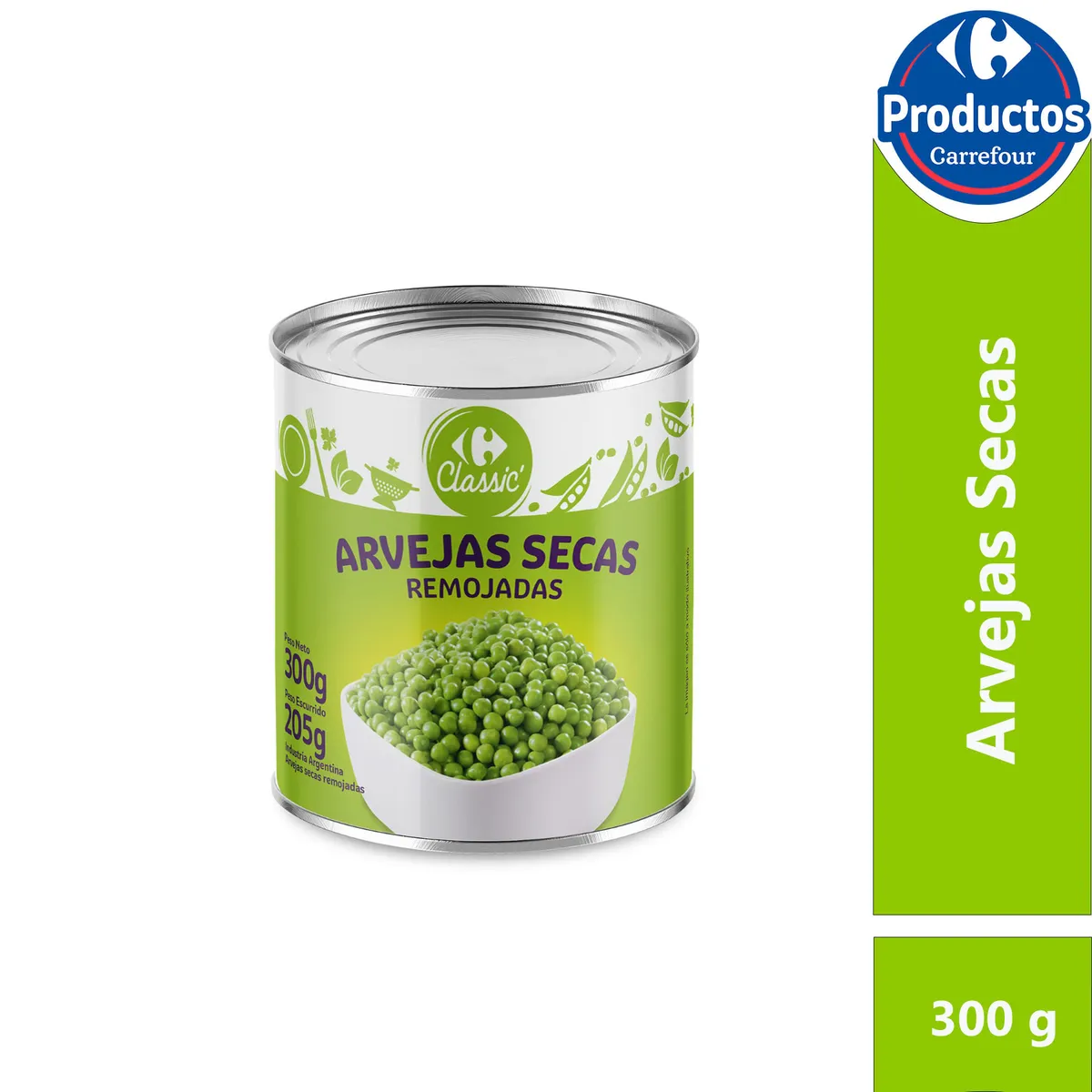 Arvejas secas remojadas Carrefour classic en lata 300 g.