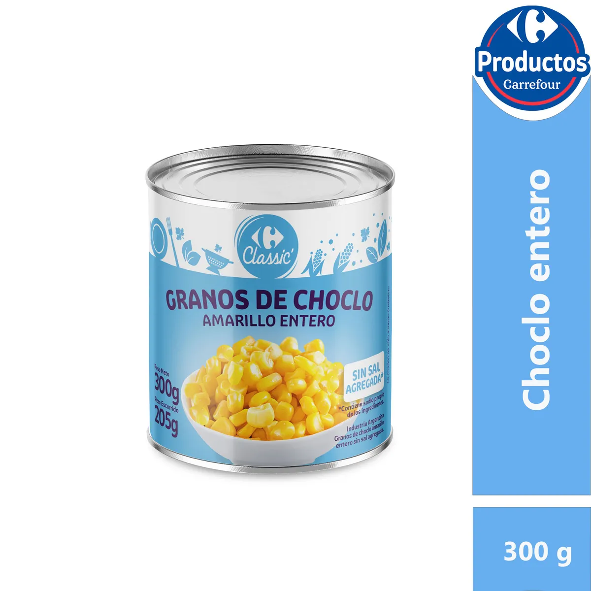 Choclo en granos Carrefour classic sin sal en lata 300 g.