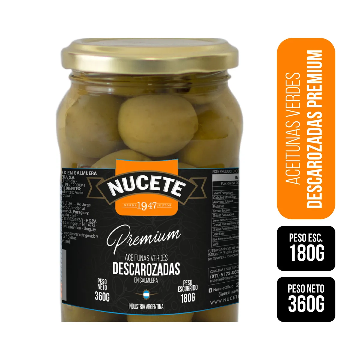 Aceitunas verdes Nucete descarozadas premium 360 g.