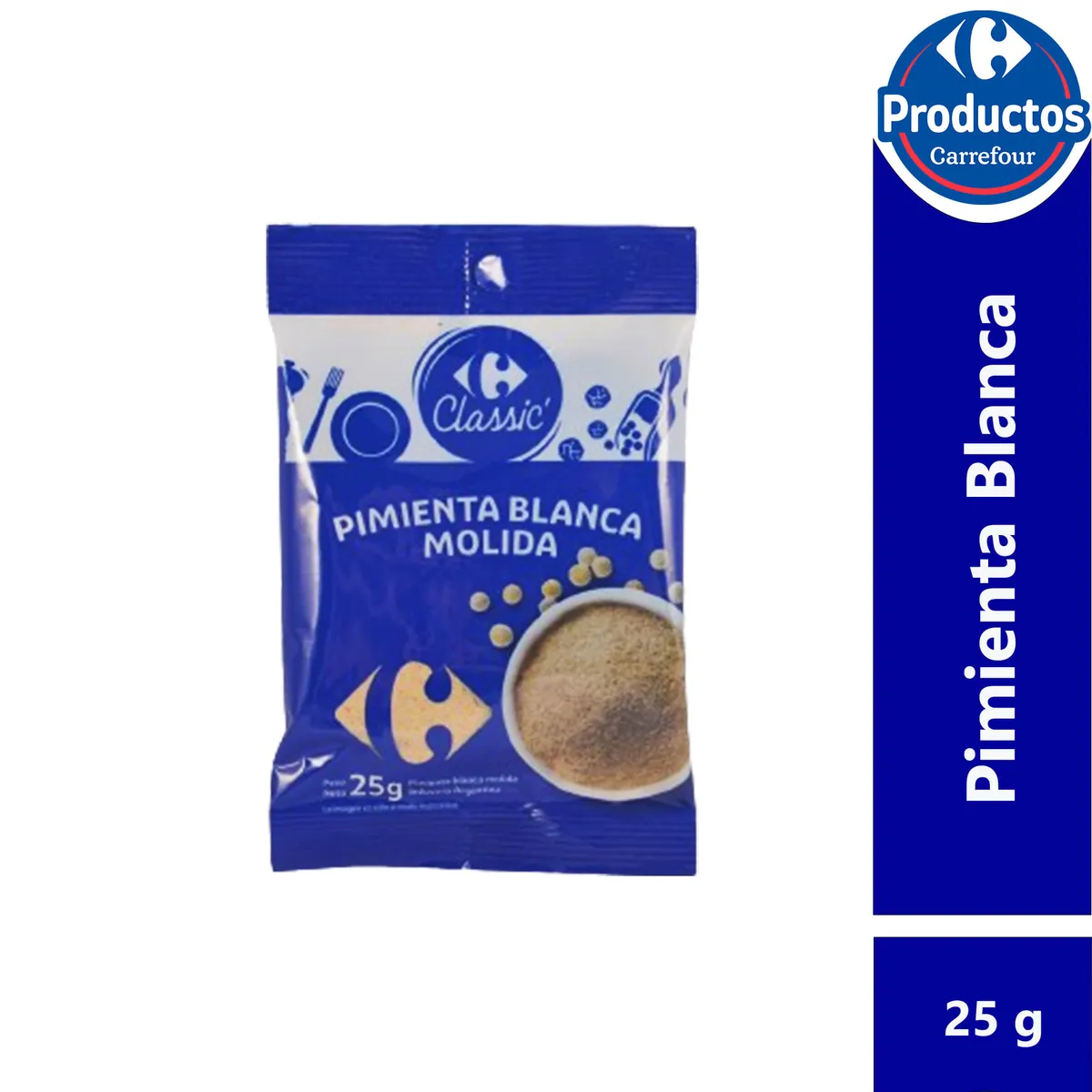 Pimienta blanca Carrefour classic en sobre 25 g.