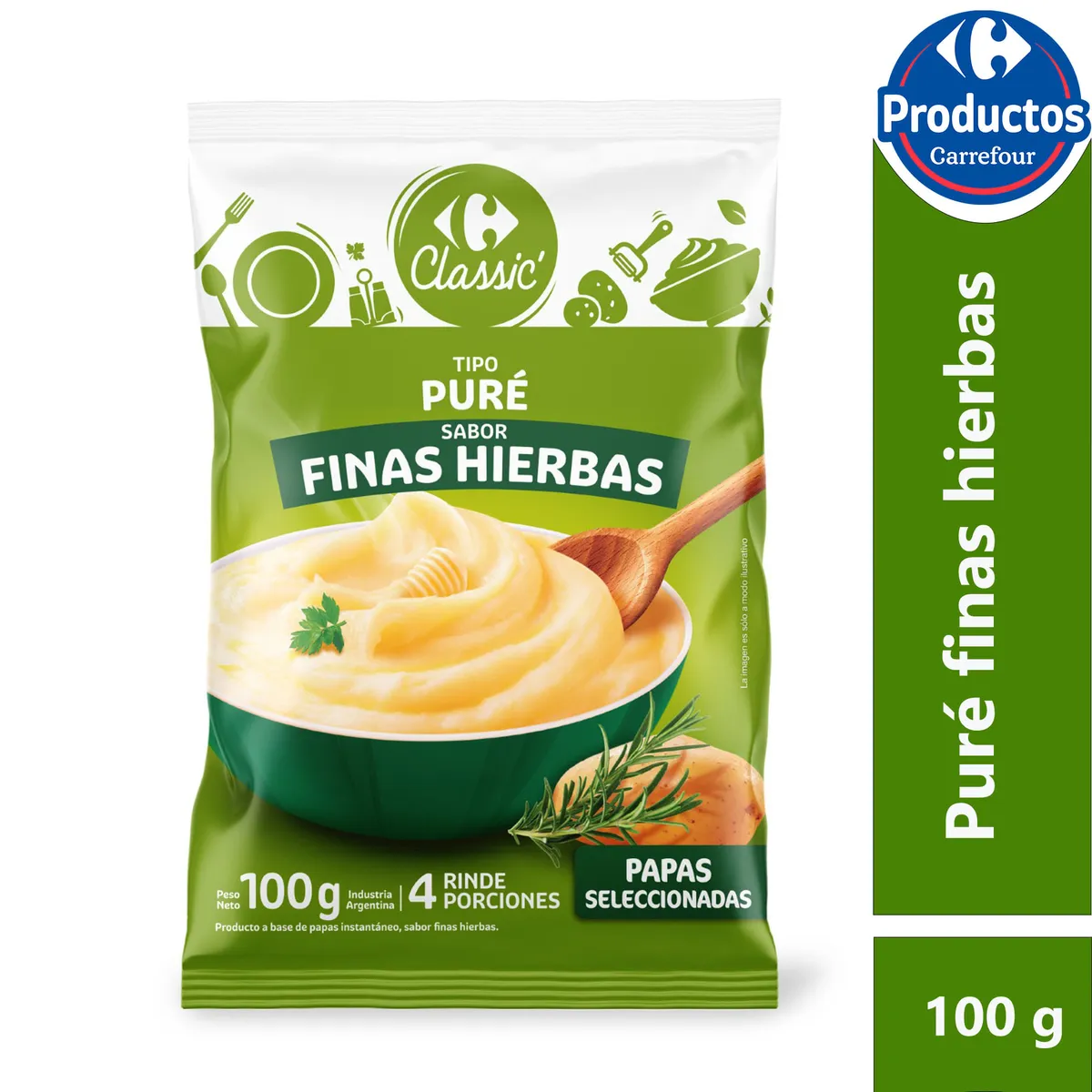 Puré de papas instantáneo Carrefour classic finas hierbas 100 g.