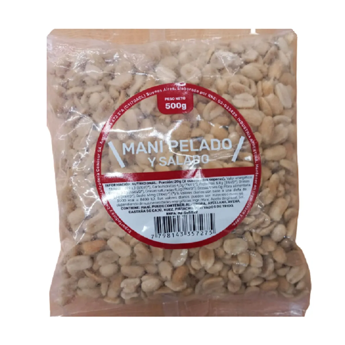 Maní pelado y salado en bolsa 500 g.