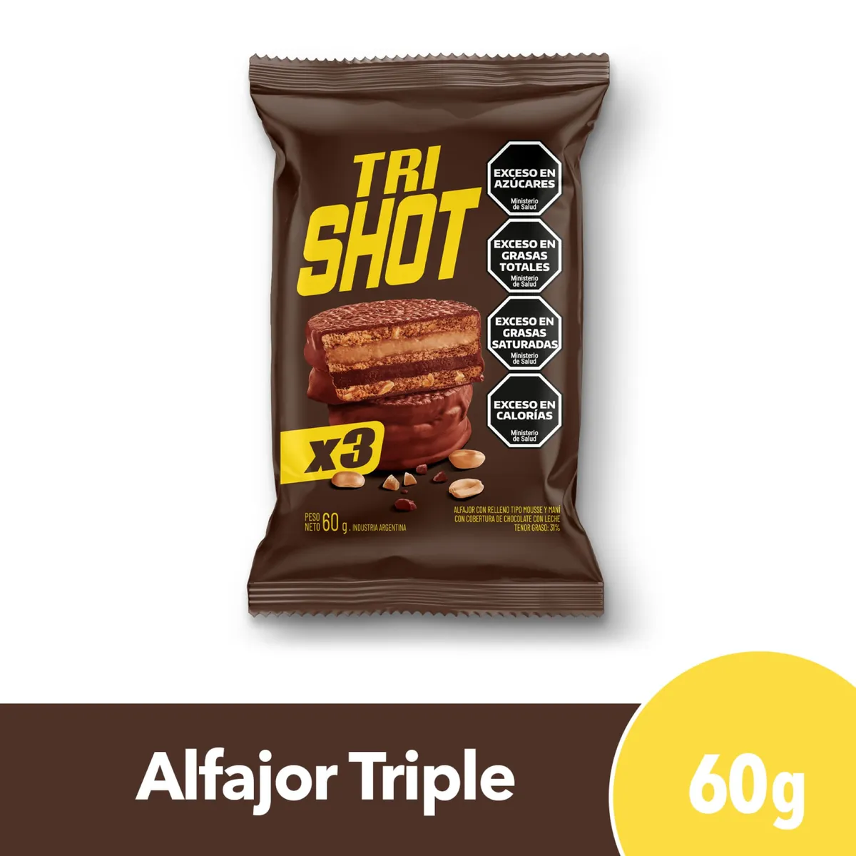 Alfajor SHOT con maní Triple 60 g.
