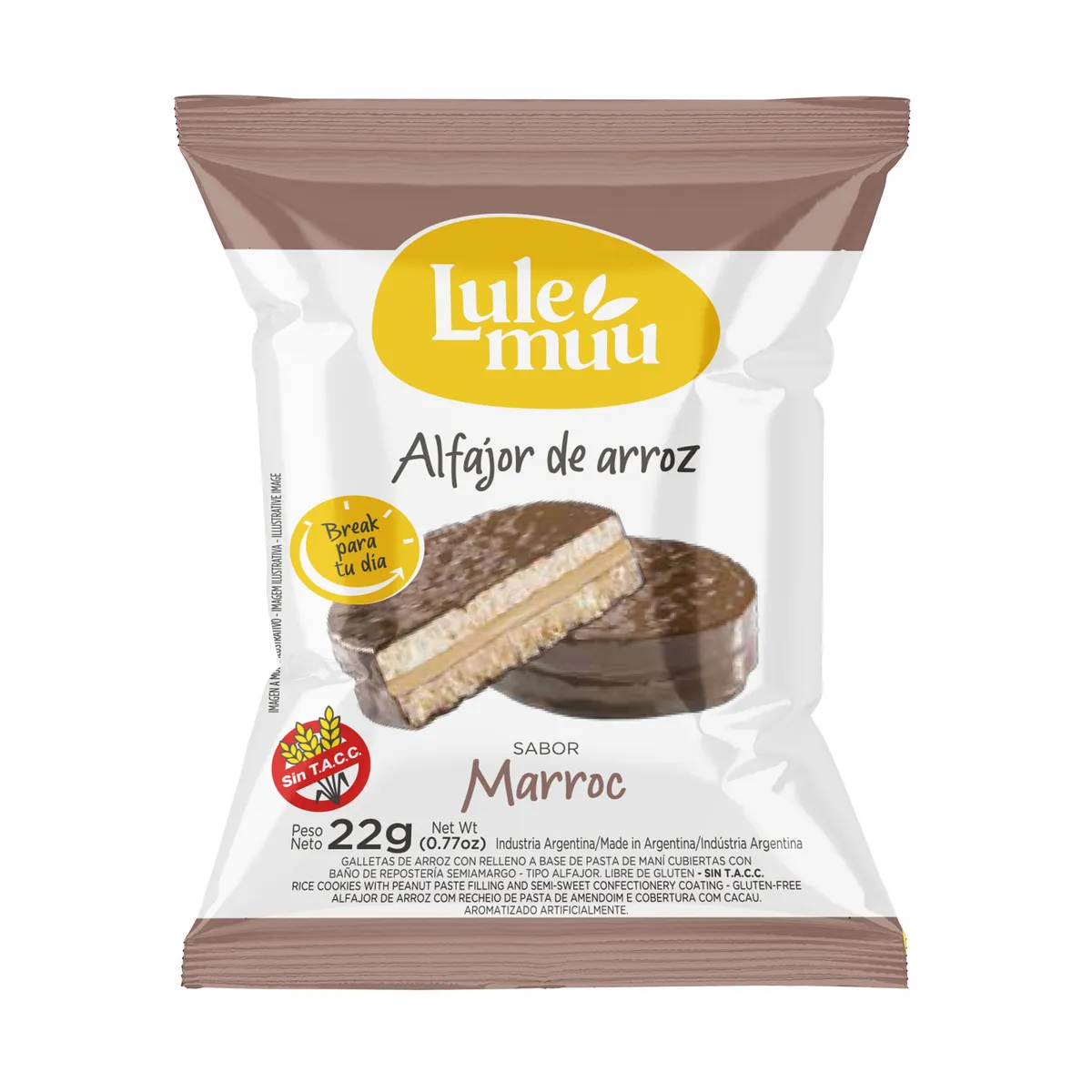Alfajor de arroz Lulemuu relleno de marroc con chocolate 22 g.