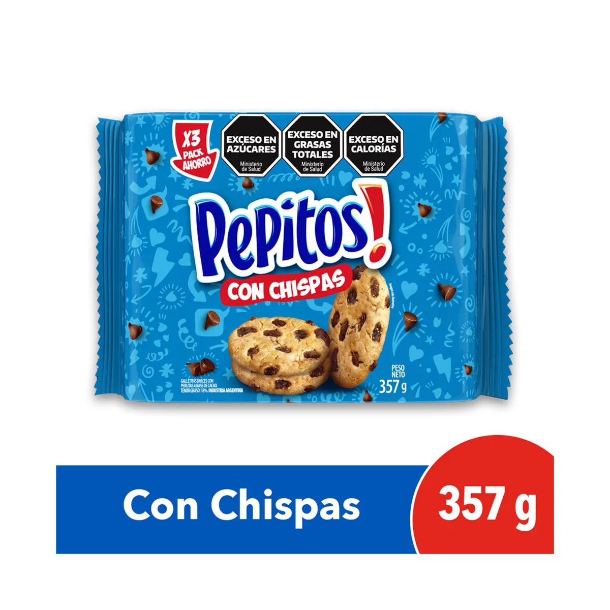 Galletitas Pepitos con chips de chocolate 357 g. Pack x3 de 119 g.