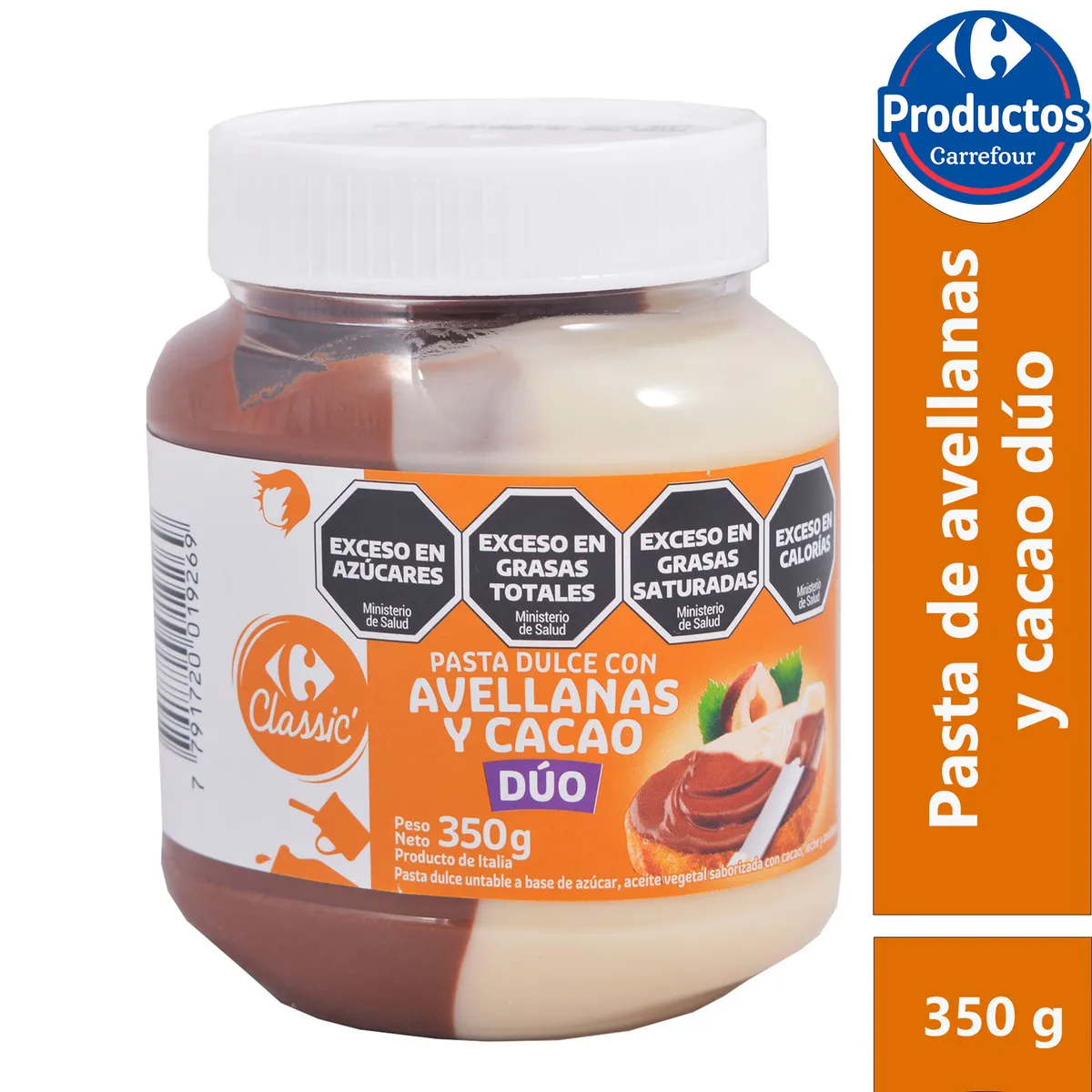Crema de avellanas Carrefour con cacao duo 350 g.
