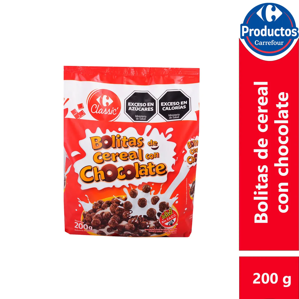 Cereal Carrefour bolitas chocolate sin gluten 200 g.