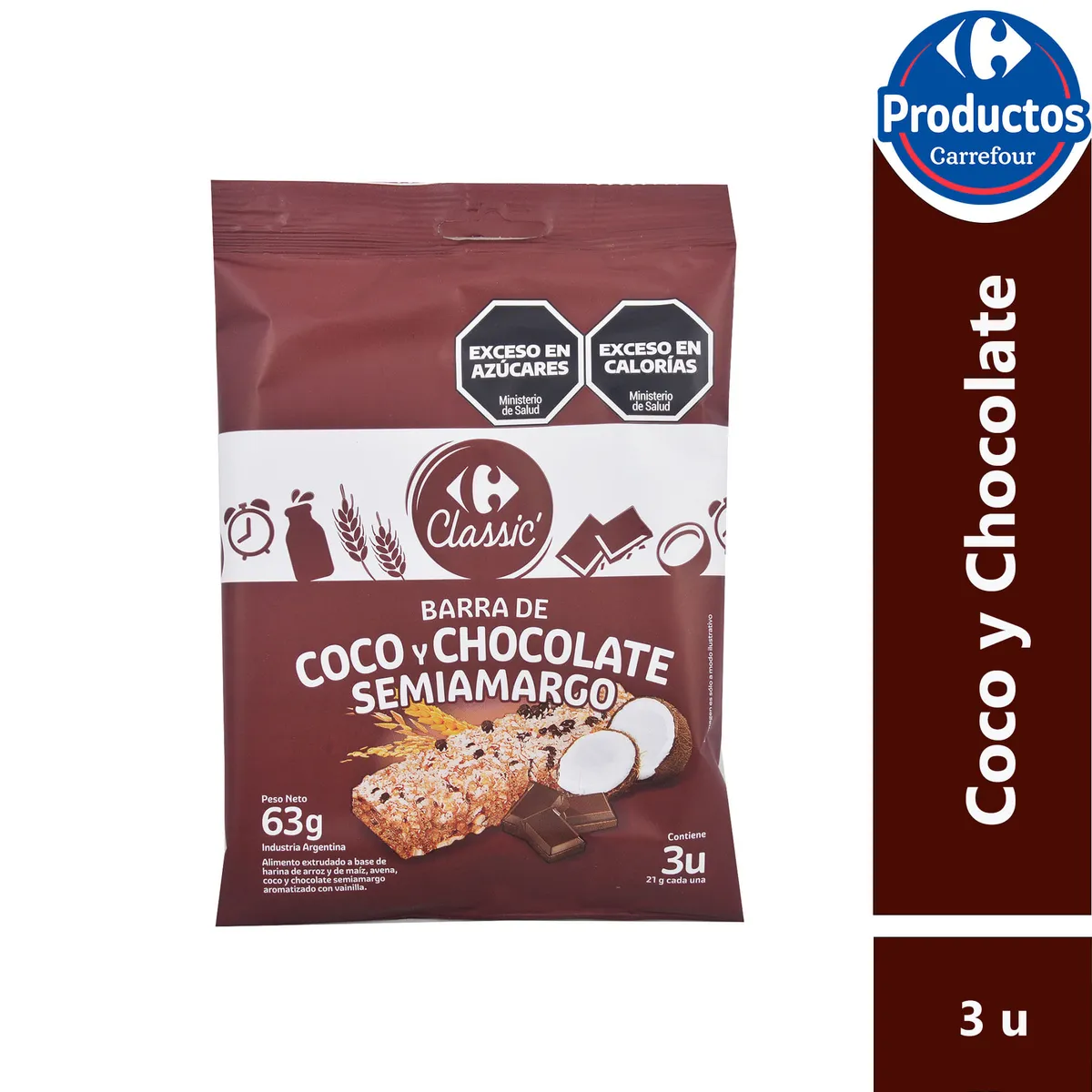 Barrita de cereal Carrefour coco y chocolate 3 u.