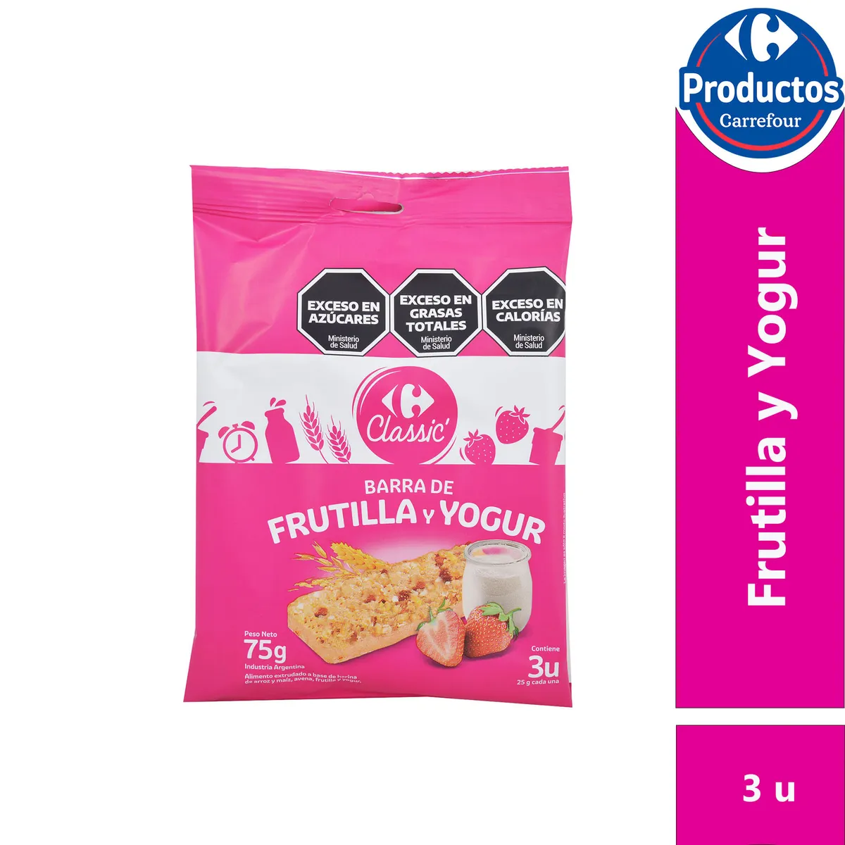 Barrita de cereal Carrefour frutilla y yogur 3 u.