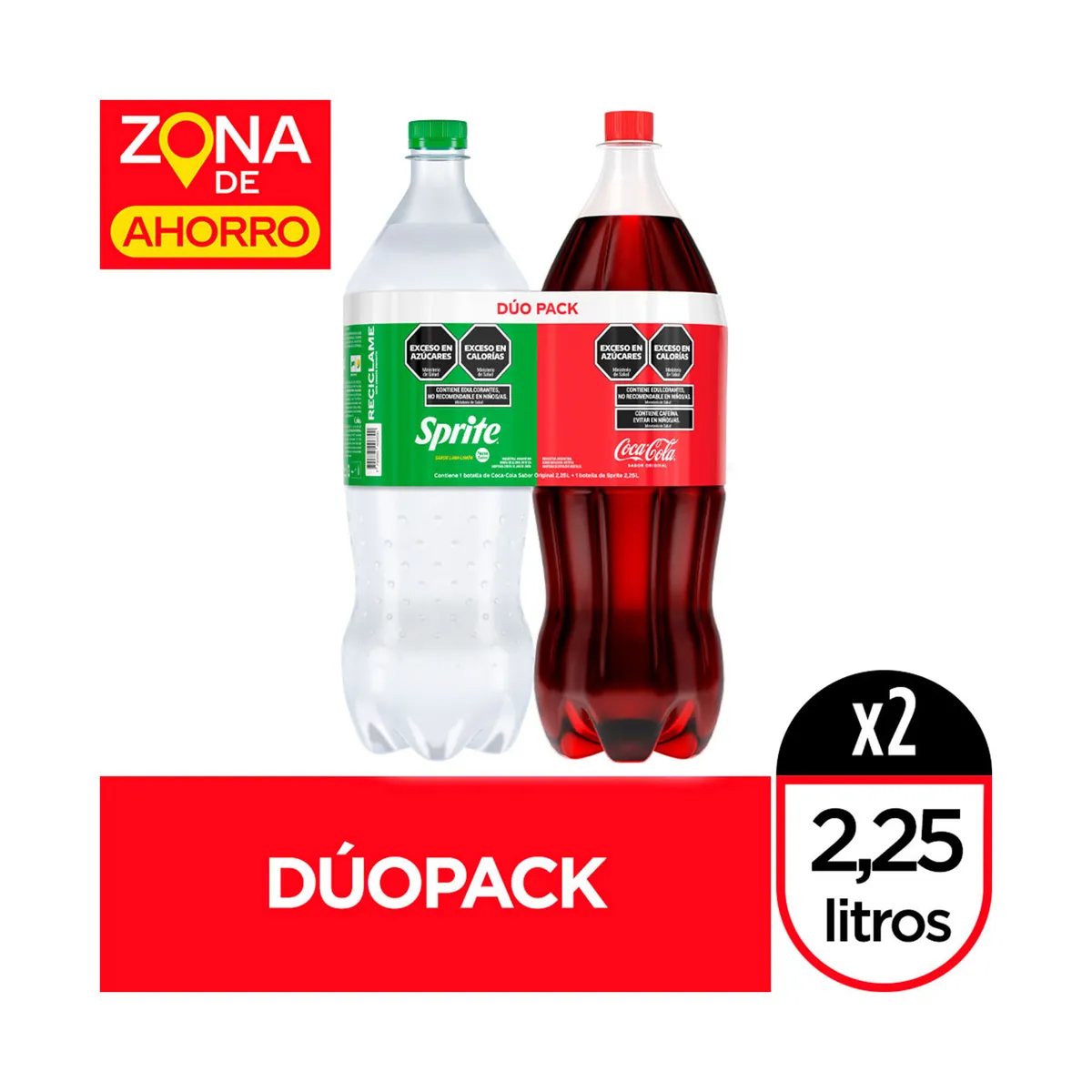 Gaseosa cola Coca Cola 2,25 lts + gaseosa lima limón Sprite 2,25 lts