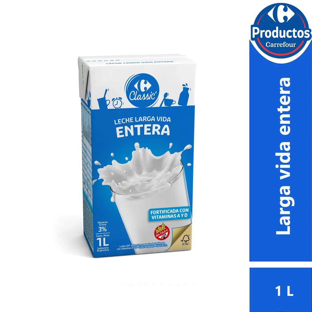 Leche entera UAT Carrefour classic tetra 1 lt.