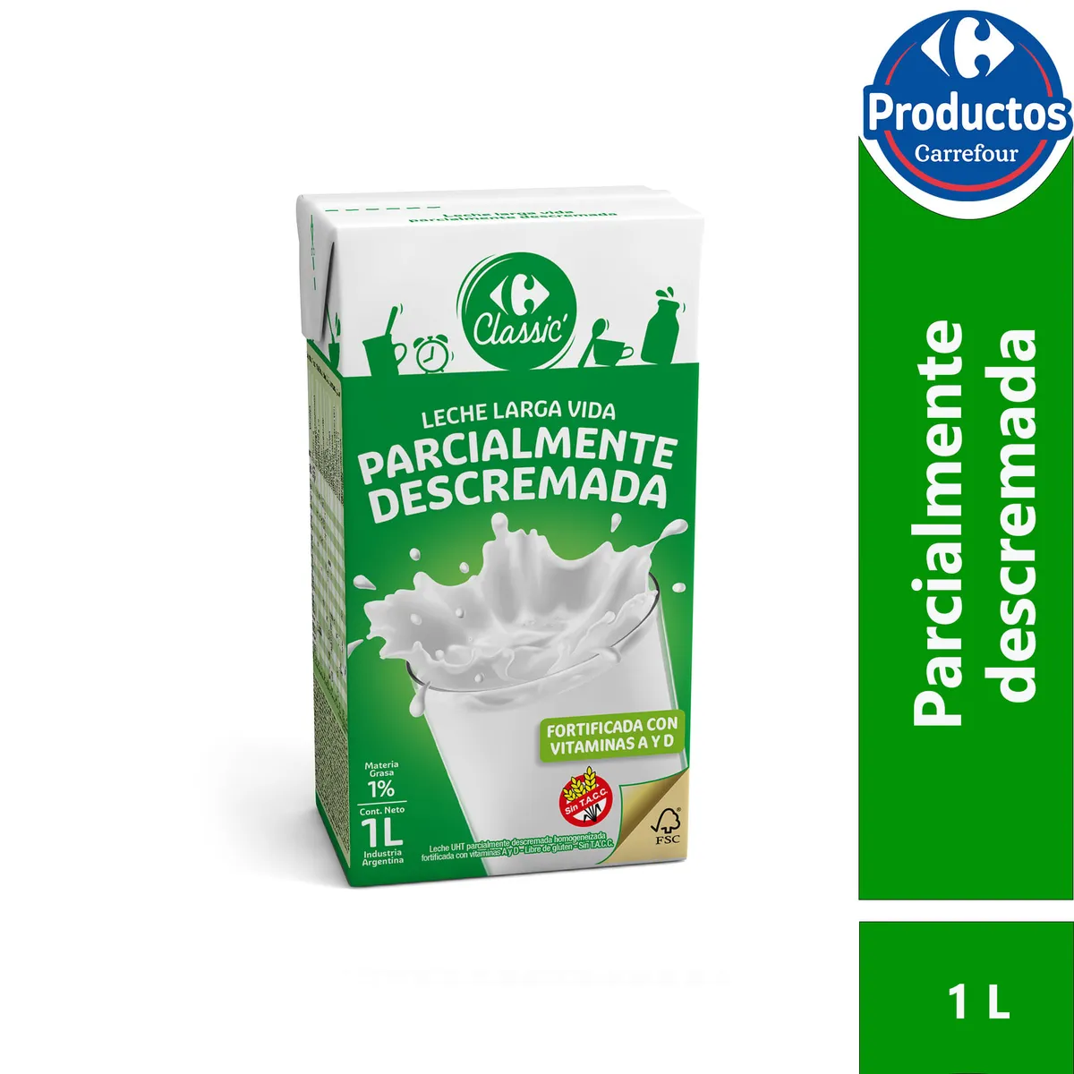 Leche parcialmente descremada UAT Carrefour classic tetra 1 lt.