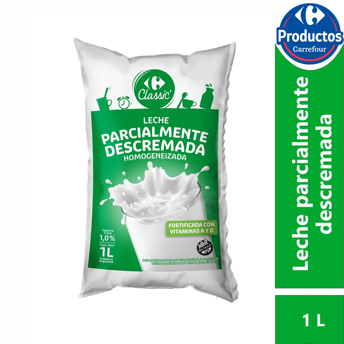 Leche ulta parcial descremada Carrefour classic sachet 1 lt.