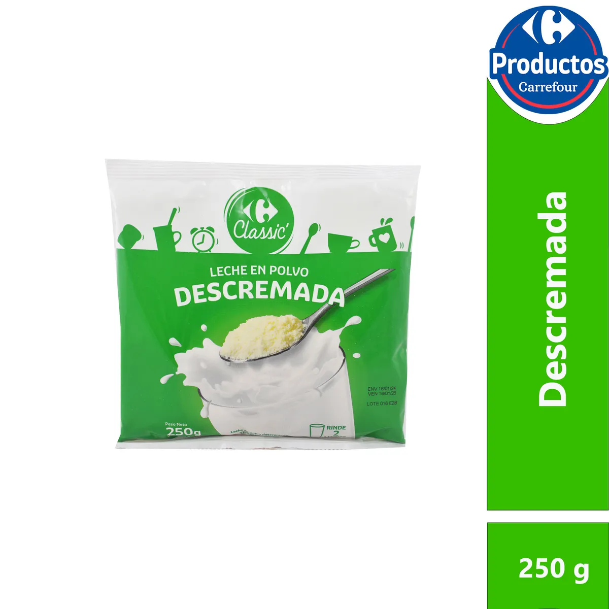 Leche en polvo descremada Carrefour classic pouch 250 g.