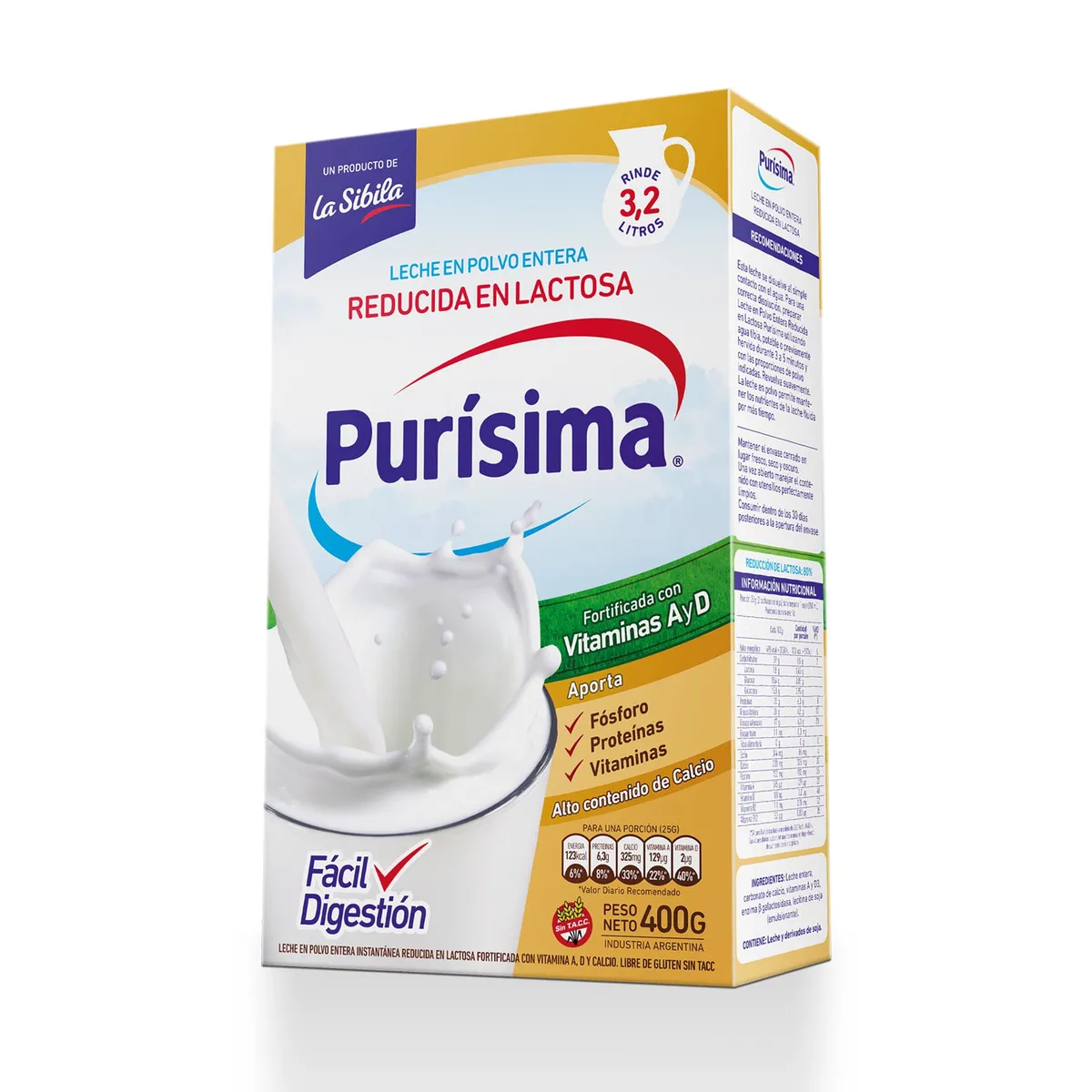 Leche en polvo reduc en lactosa purisima x 400 grs