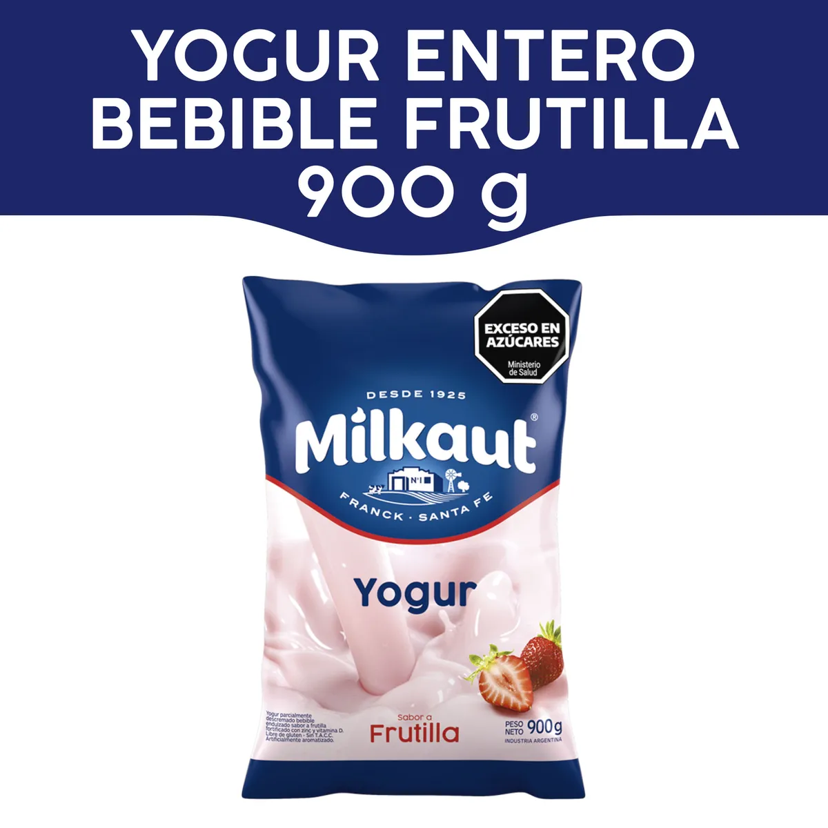 Yogur entero Milkaut frutilla sachet 900 g.