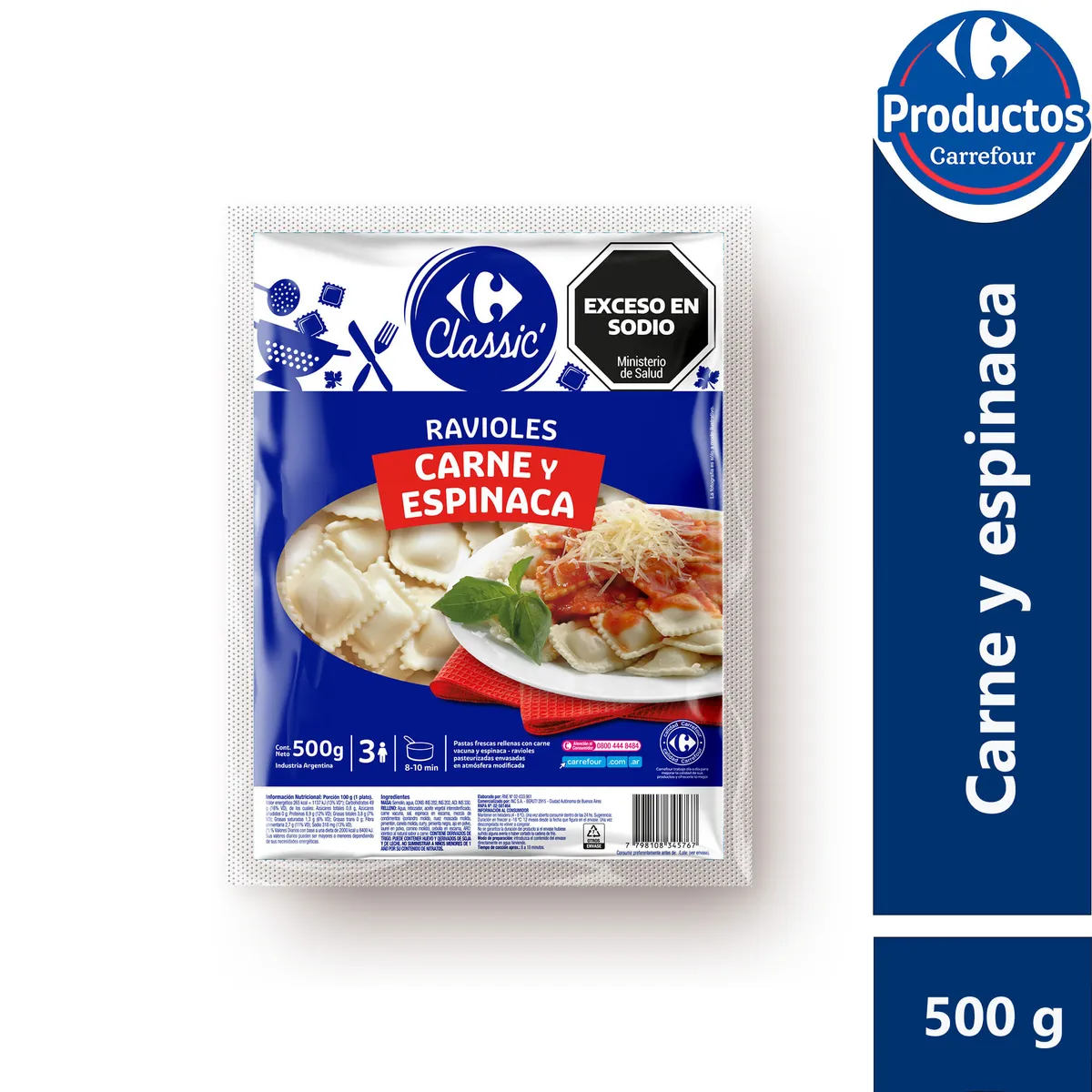 Ravioles Carrefour classic espinaca y carne 500 g.