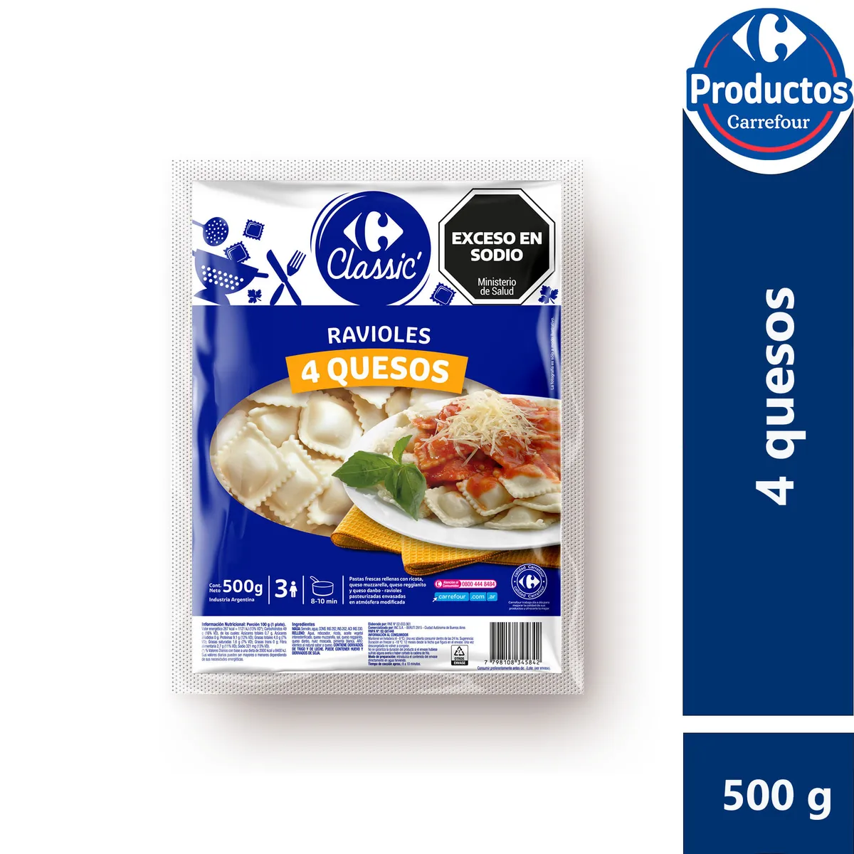 Ravioles Carrefour classic cuatro quesos 500 g.