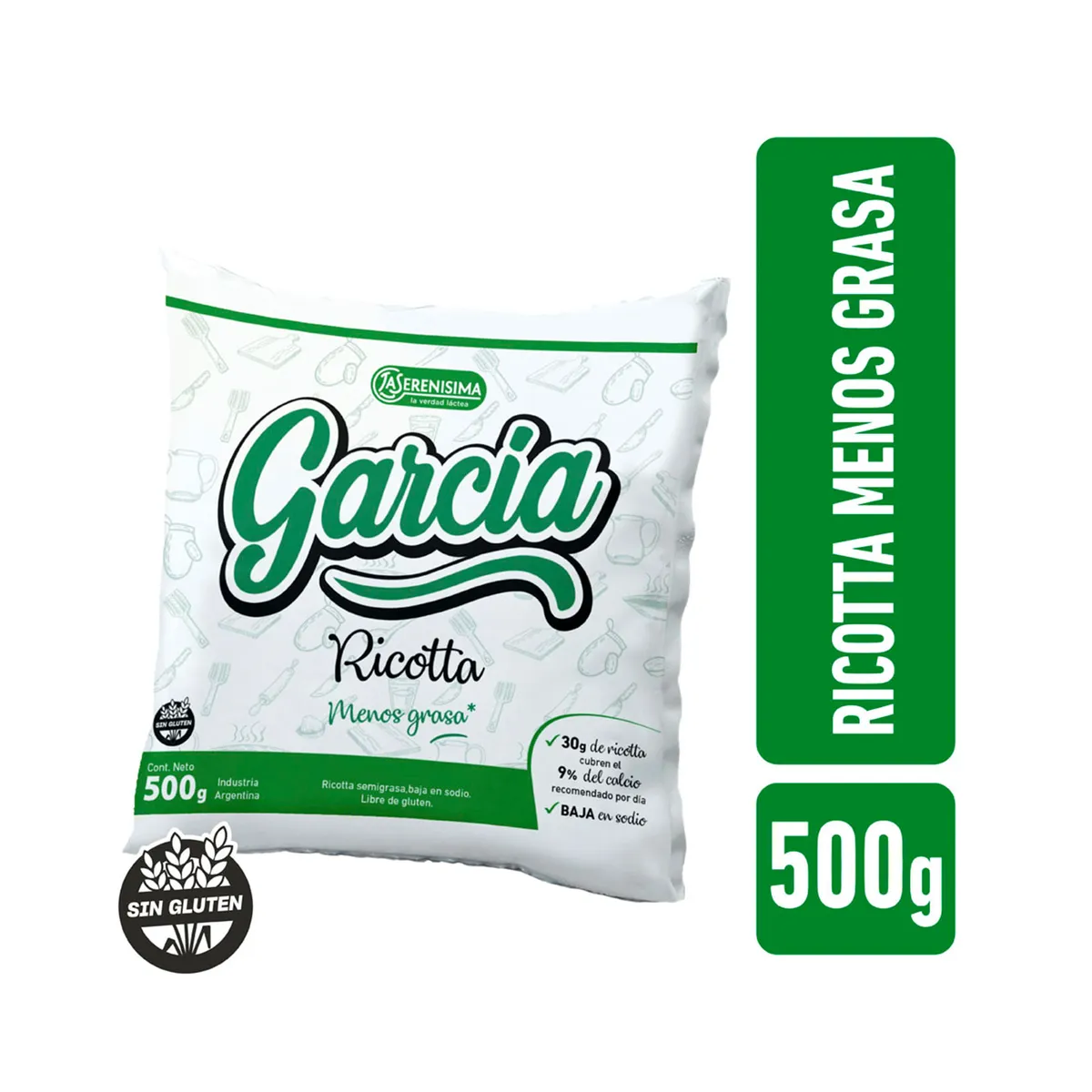 Ricotta semigrasa baja en sodio García 500 g.