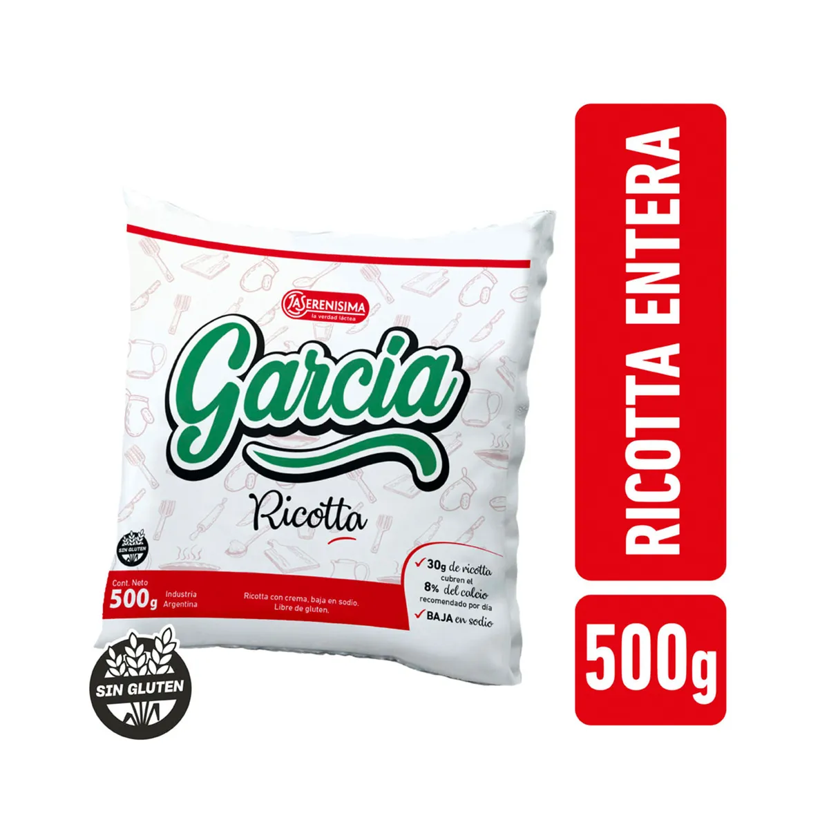 Ricotta entera García bajo sodio en sachet 500 g.
