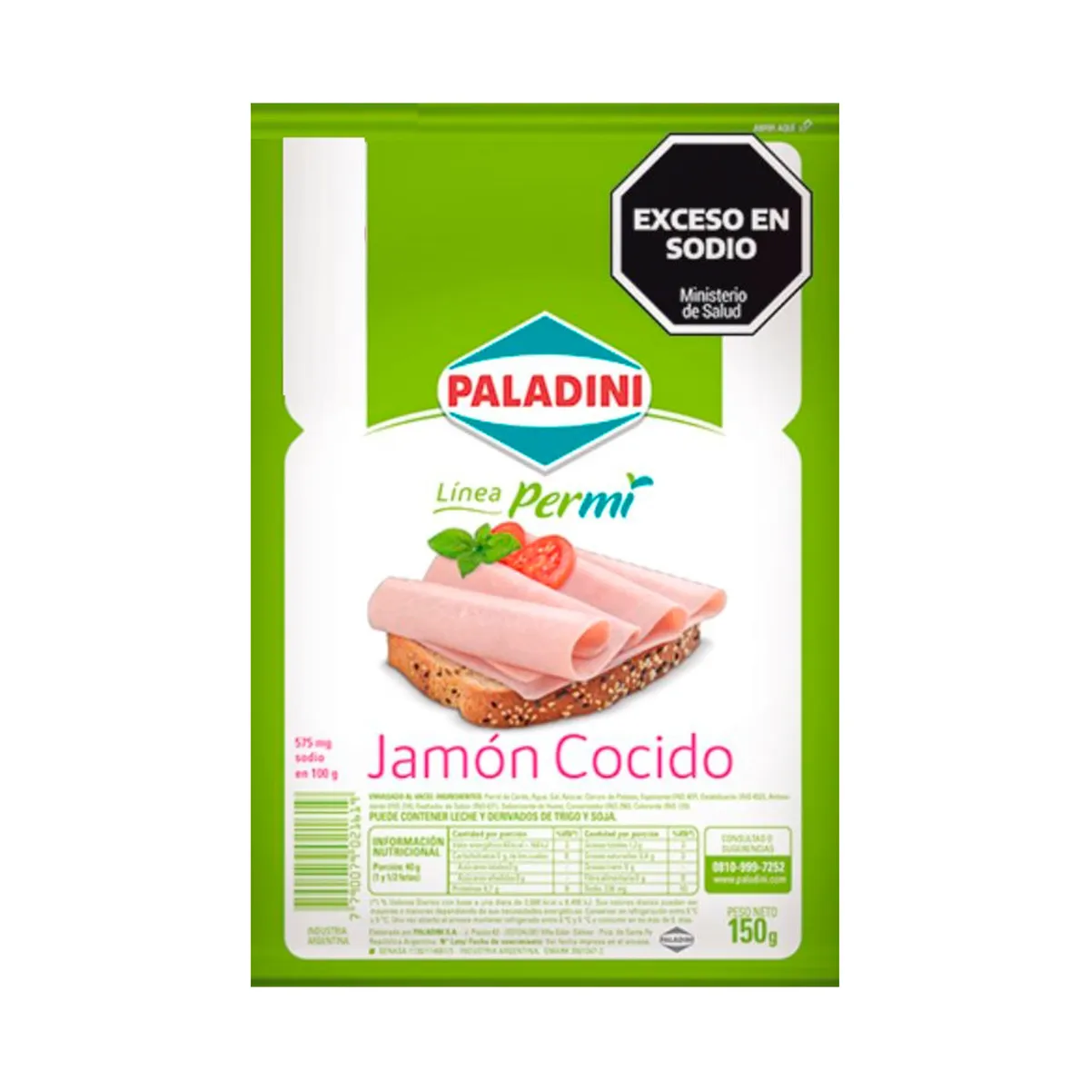 Jamón cocido Paladini bajo sodio 150 g.