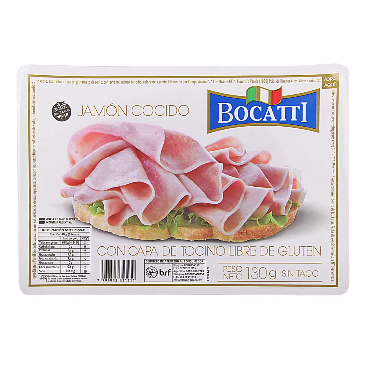 Jamón cocido natural feteado Bocatti 130 g.