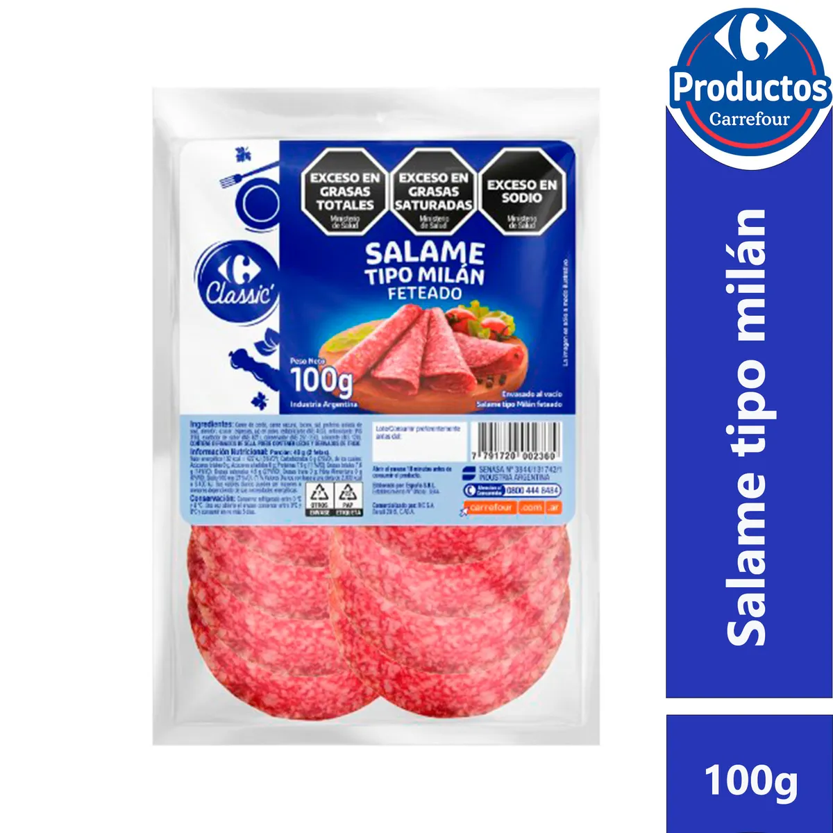 Salame tipo milán Carrefour Classic feteado 100 g.