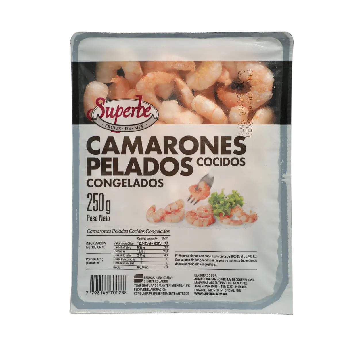 Camarones pelados cocidos congelados 250 g.