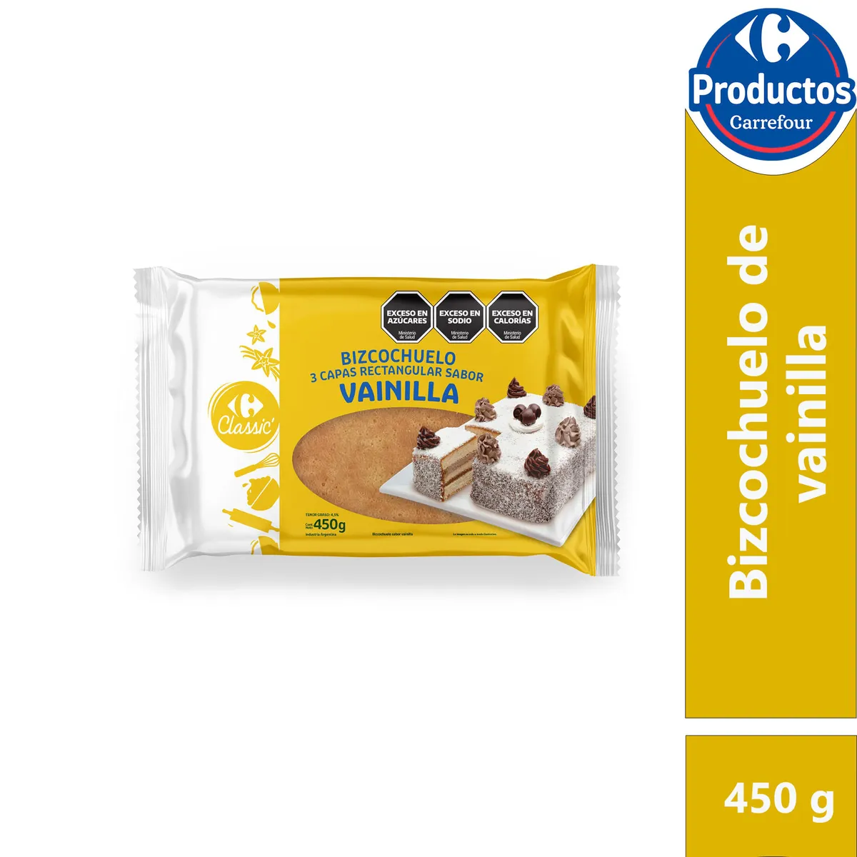 Bizcochuelo Carrefour classic rectangular 3 capas vainilla 450 g.