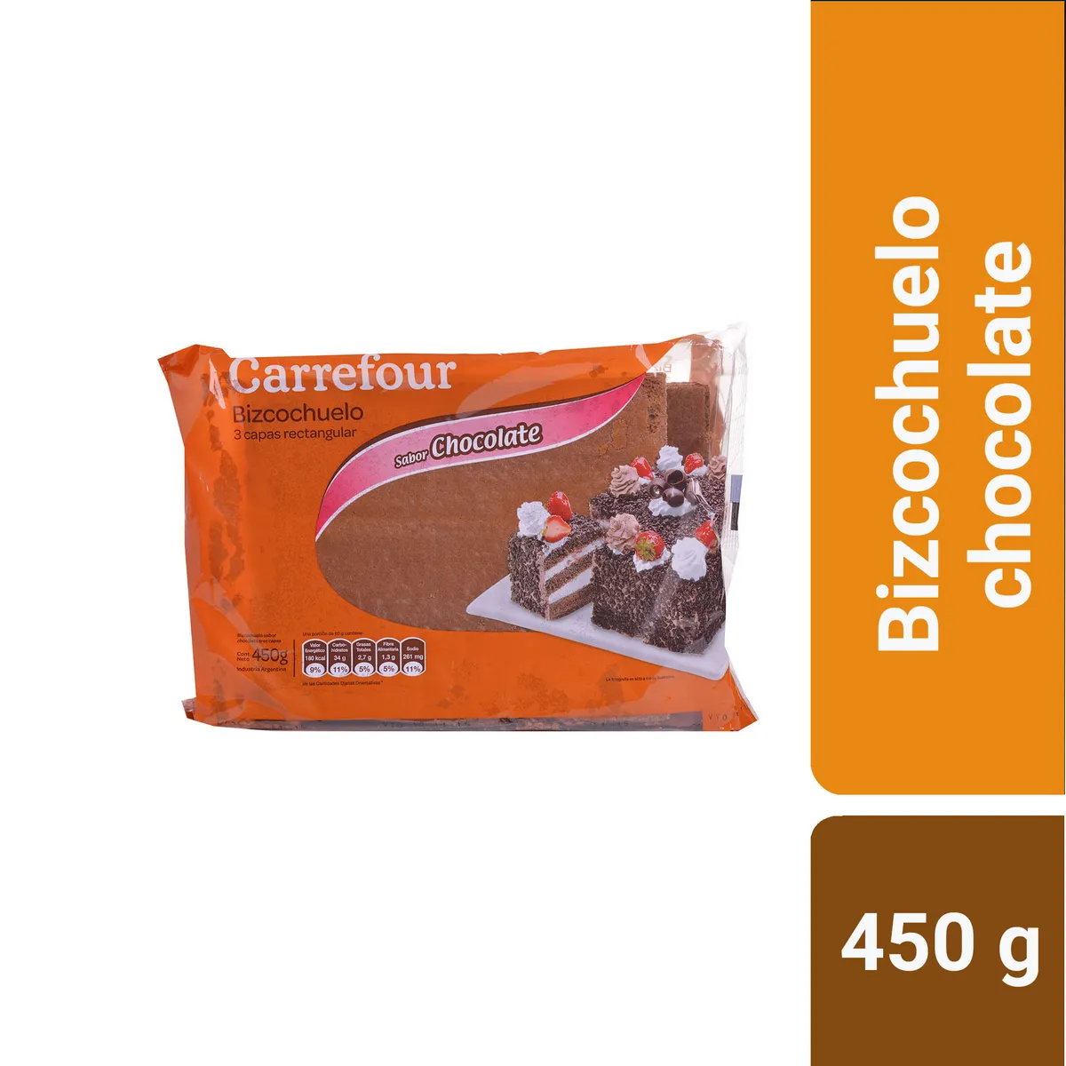 Bizcochuelo Carrefour rectangular 3 capas chocolate 450 g.