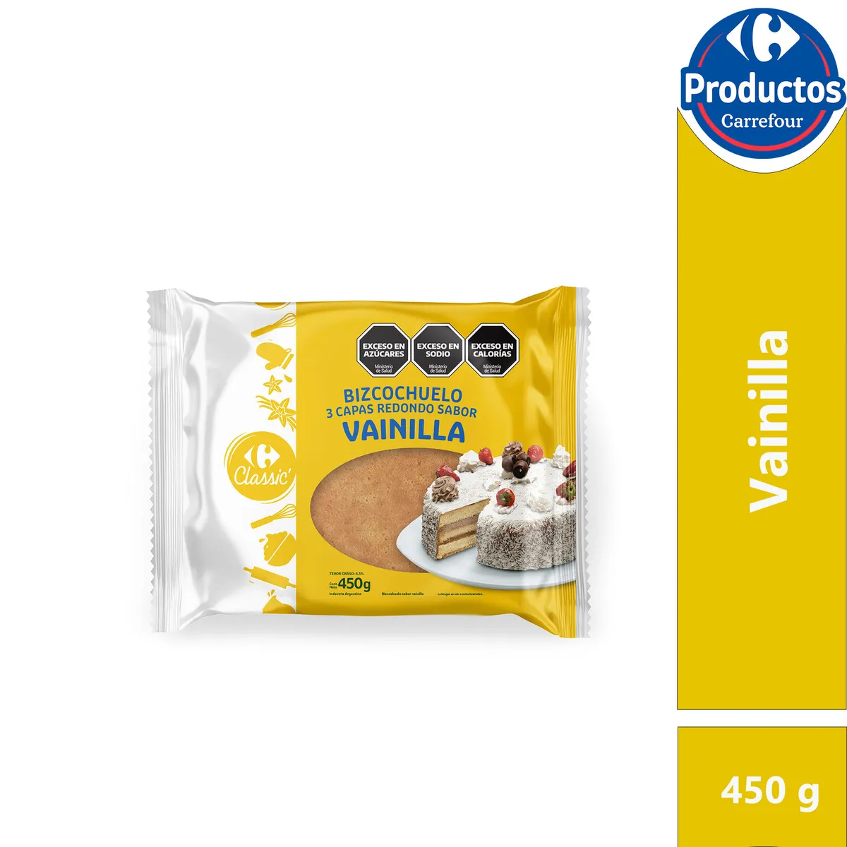 Bizcochuelo redondo 3 capas Carrefour Classic de vainilla 450 g.