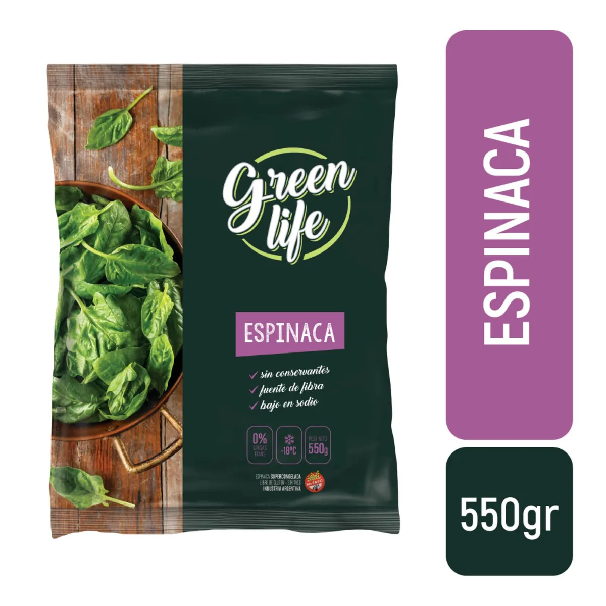 Espinaca congelada Green life en bolsa 550 g.