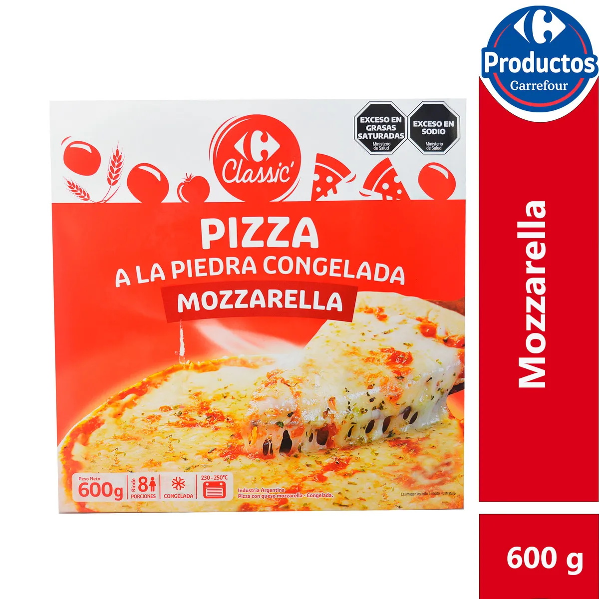 Pizza congelada Carrefour mozzarella estuche 600 g.