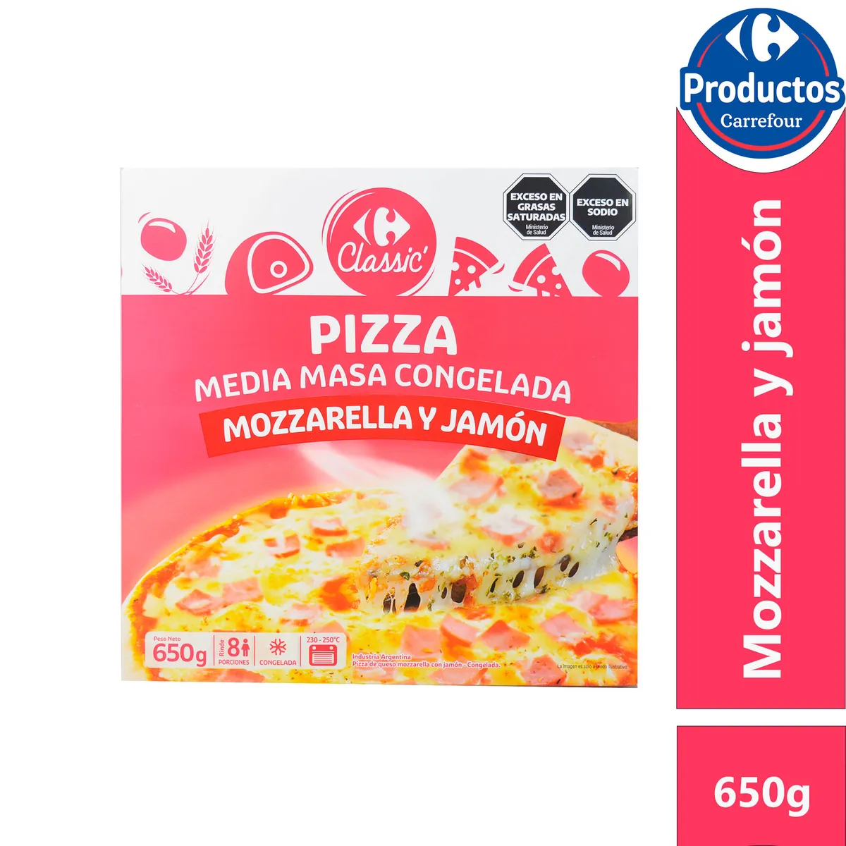 Pizza congelada Carrefour classic mozzarella y jamón estuche 650 g.