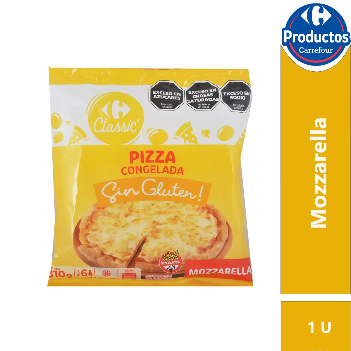 Pizza congelada de mozzarella sin gluten Carrefour Classic 1 uni