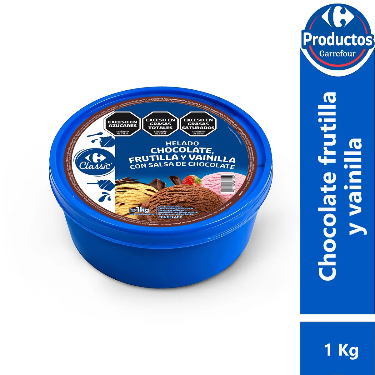 Helado Carrefou classic de chocolate vainilla y frutilla con salsa de chocolate 1 kg.